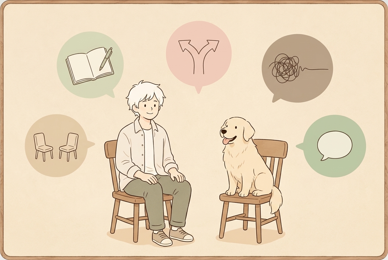 椅子に座ったおのざると愛犬。周りに配慮の言語化・進路の分岐・不安の整理・面接練習・傾聴の5つを表すやわらかいアイコンが浮かんでいる
