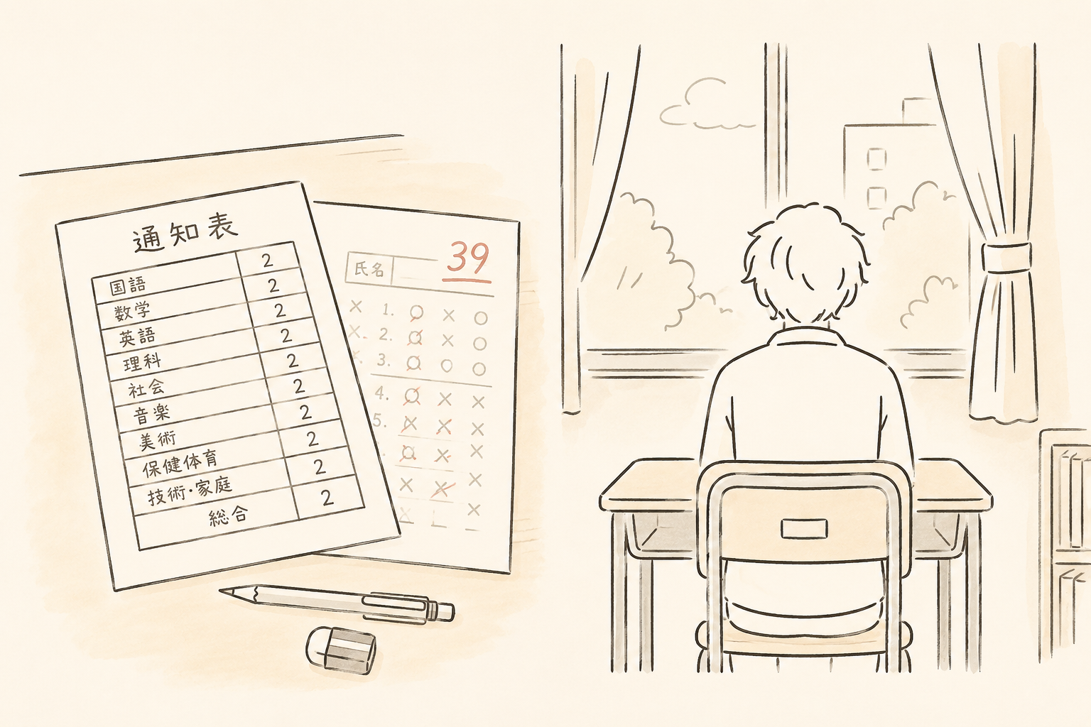 通知表と、窓の外を見つめる学生時代の後ろ姿のイラスト