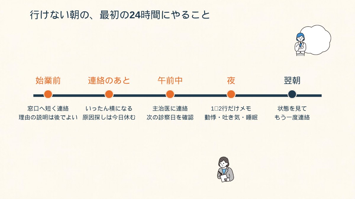 復職初日に行けなかった朝の最初の24時間の時間軸図。始業前に窓口へ短く連絡、連絡のあとは横になる、午前中に主治医へ連絡、夜に1〜2行メモ、翌朝は状態を見てもう一度連絡という5つの流れ