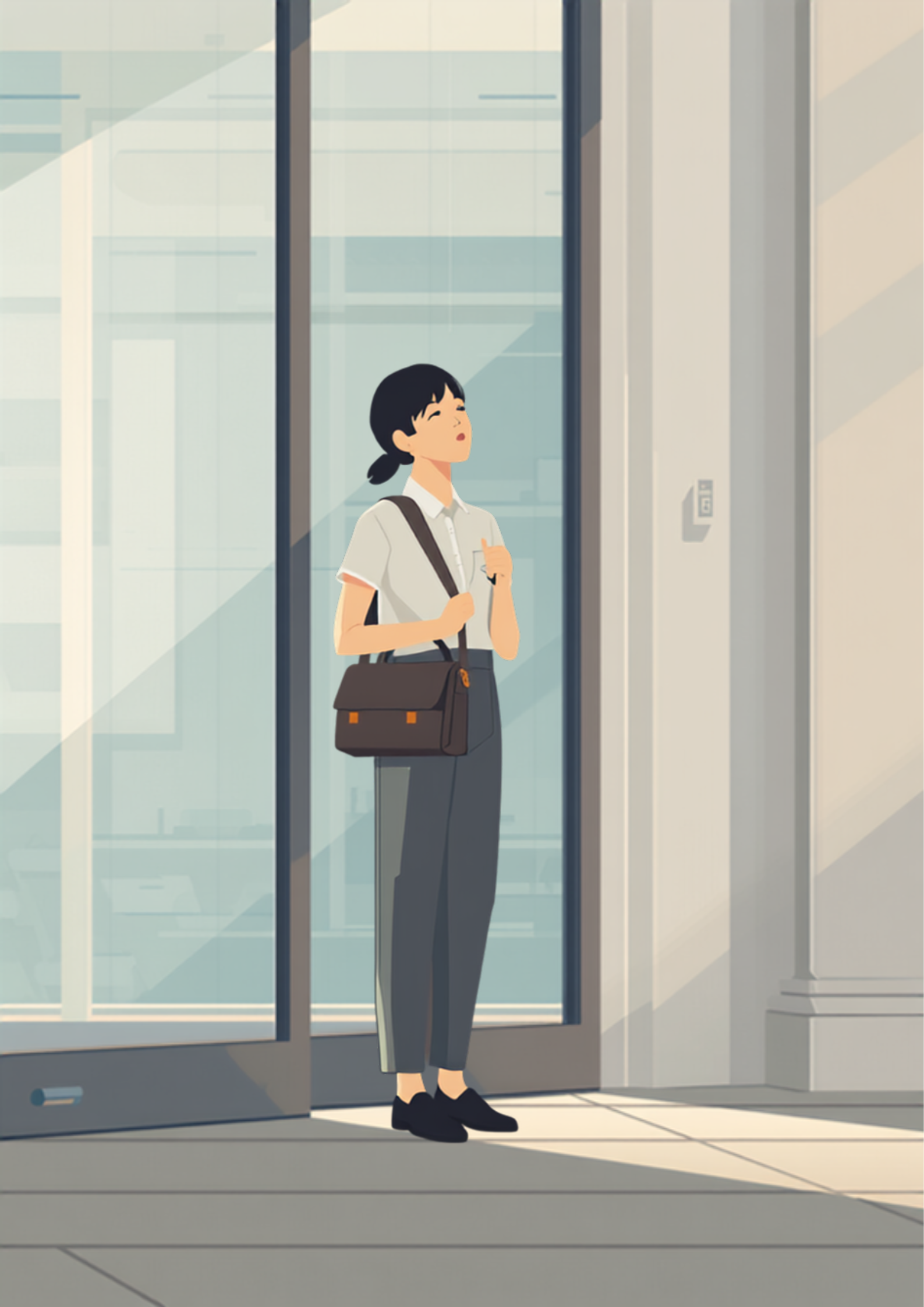 オフィスのガラス扉の前で、バッグの持ち手を強く握りしめ深呼吸をしている人物のイラスト