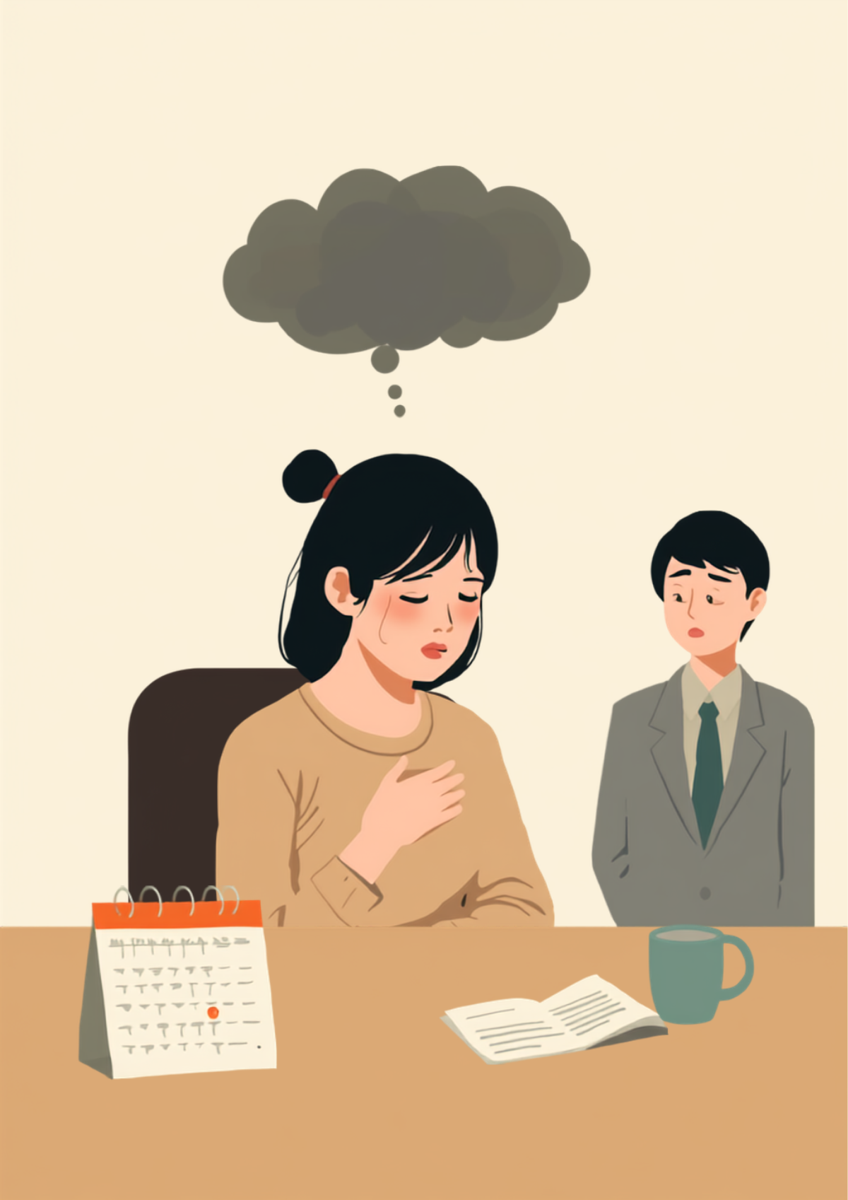 オフィスの机に座り、胸に手を当てて感情の波に耐えている女性と、その様子に気づかず不思議そうにしている同僚のイラスト