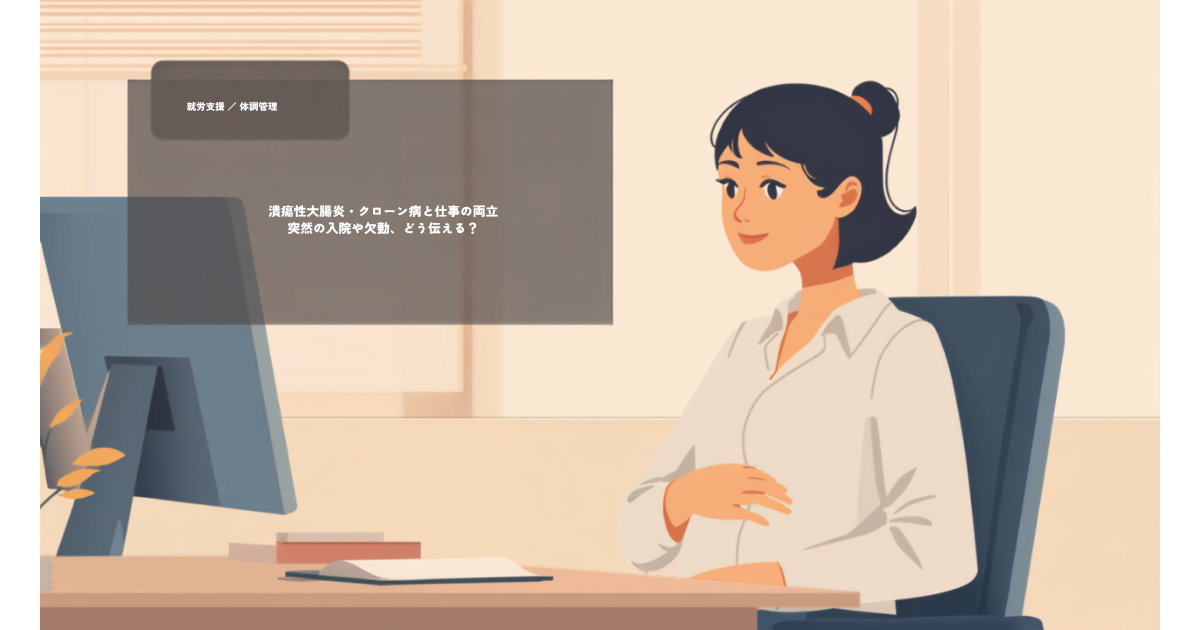 潰瘍性大腸炎・クローン病と仕事の両立をテーマにしたアイキャッチ画像。オフィスの席で静かにお腹に手を当てる人物のイラスト