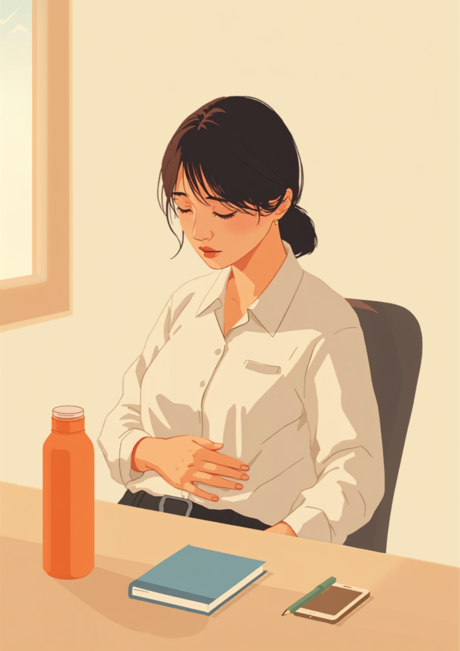 オフィスの自席で少しの間だけ手をお腹に添え、静かに体調を確認している人物のイラスト