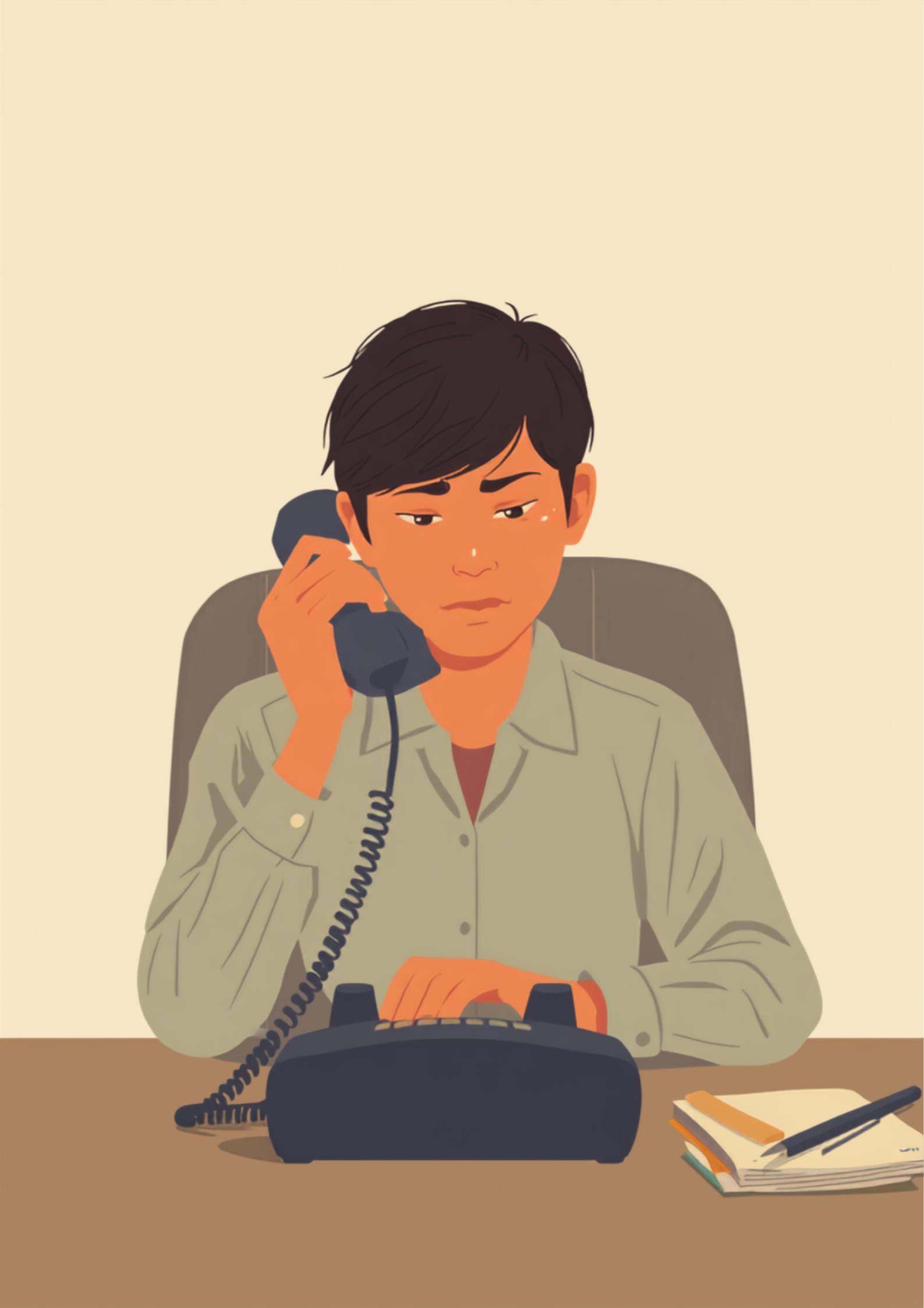 オフィスの自席で電話が鳴り、受話器を取ろうとする手が固まっている人物のイラスト。背景では同僚が窓際で談笑している