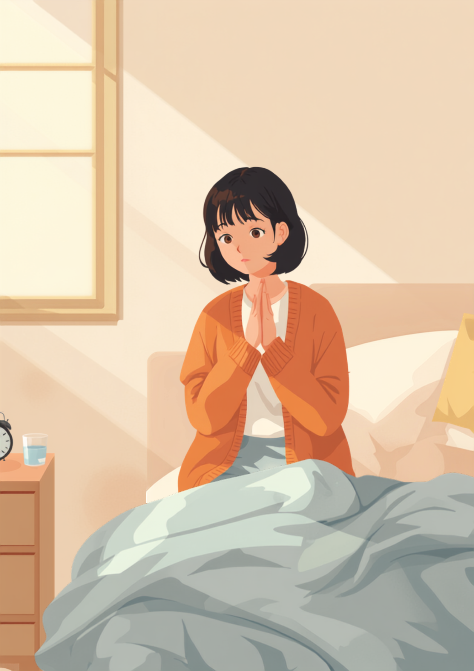朝のベッドの上で、こわばった手をゆっくりさすりながら時計を気にする人物のイラスト