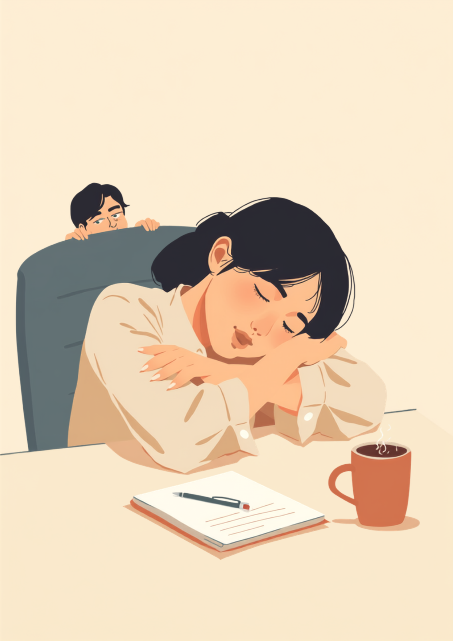 オフィスのデスクで腕を組んでその上に頭を乗せ、居眠りしてしまっている女性のイラスト。後ろの椅子から同僚が心配そうにそっと様子をうかがっている