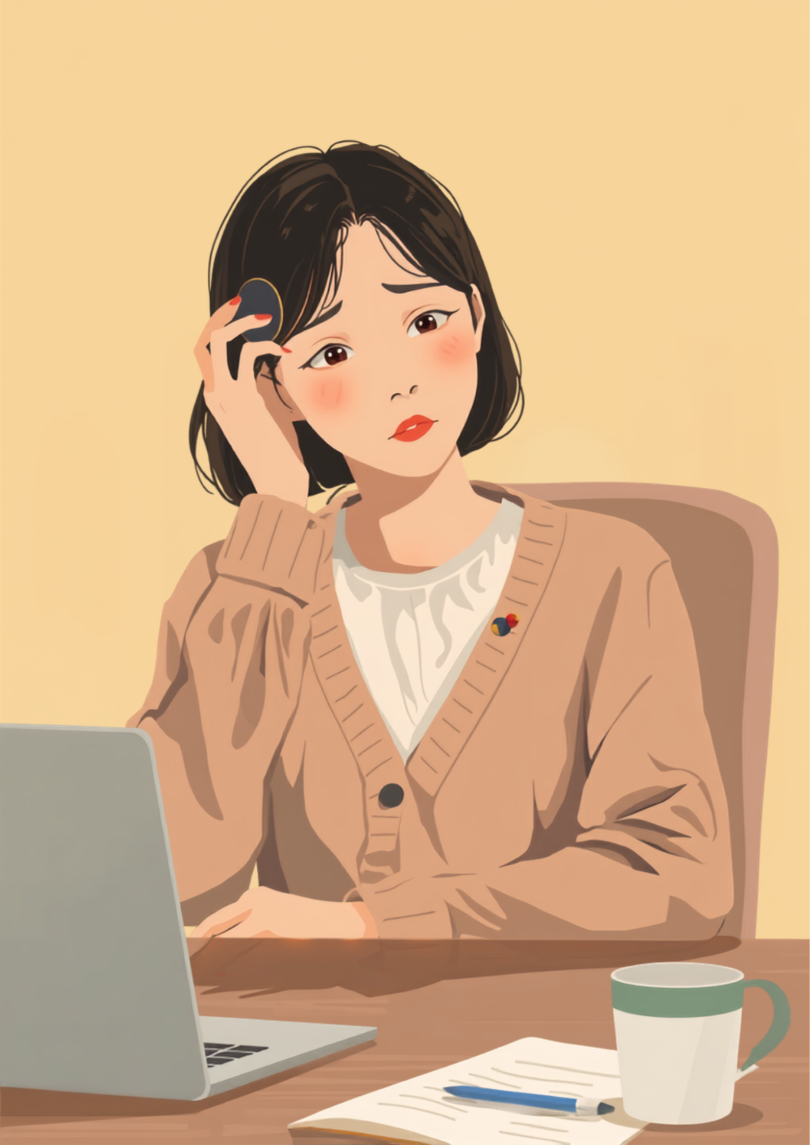 オフィスの自席で、手鏡を片手に髪の分け目のあたりを気にしながら不安げな表情をしている人物のイラスト