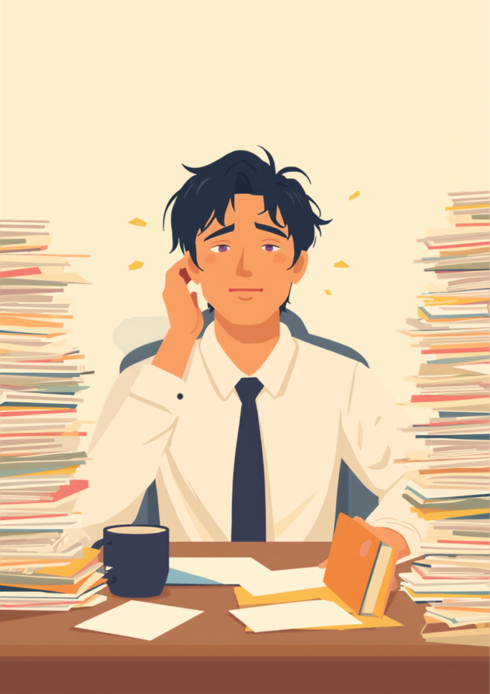 山積みになった書類に囲まれたデスクで、照れくさそうに頭をかきながら座っている人物のイラスト