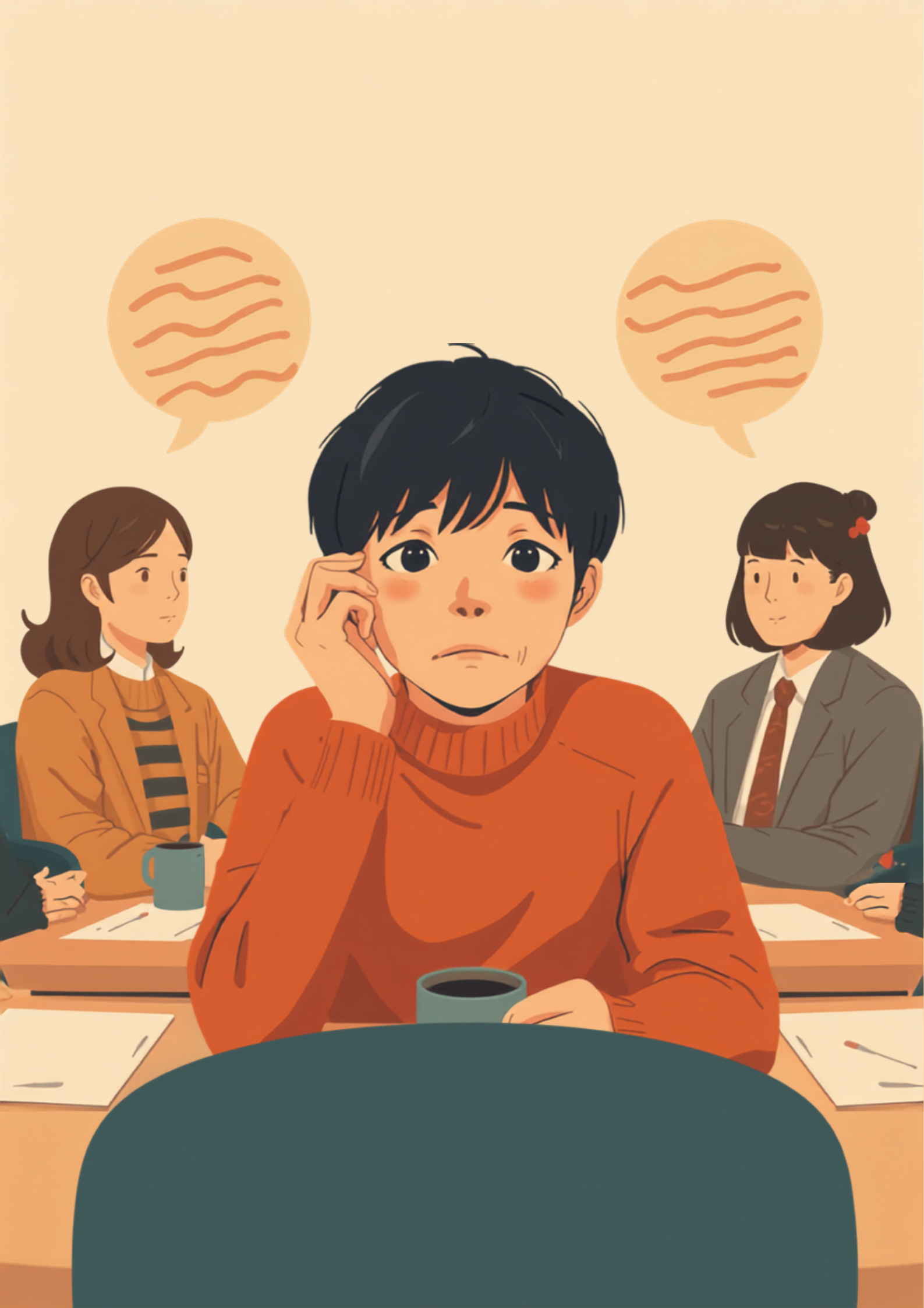オフィスの打ち合わせで、複数人の会話の中、手を耳にあてて聞き取ろうと苦心する人物のイラスト