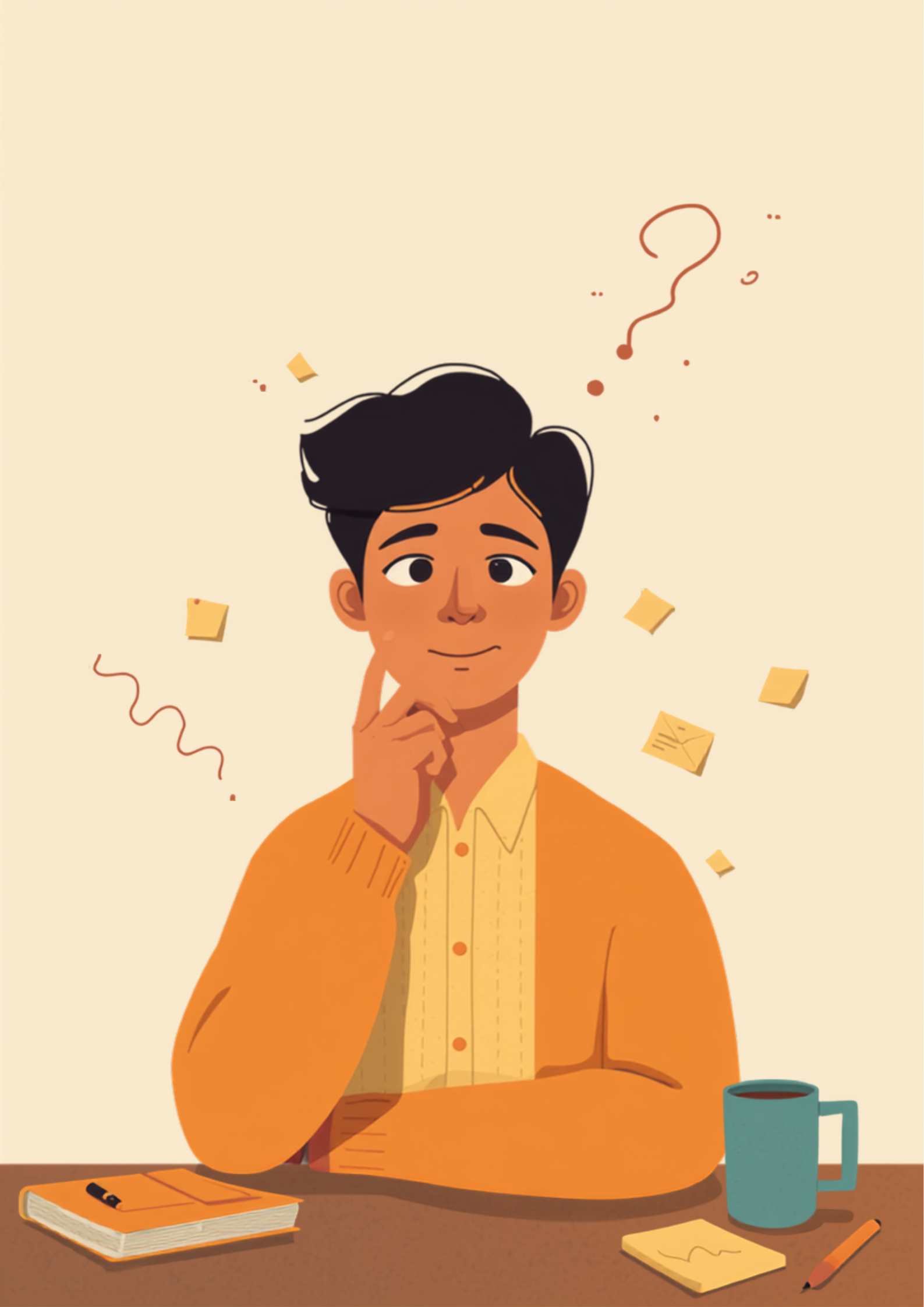 デスクで資料を前に困惑した表情をしている人物のイラスト。周りに付箋と考え込む様子を示すもやもやとした吹き出しが描かれている