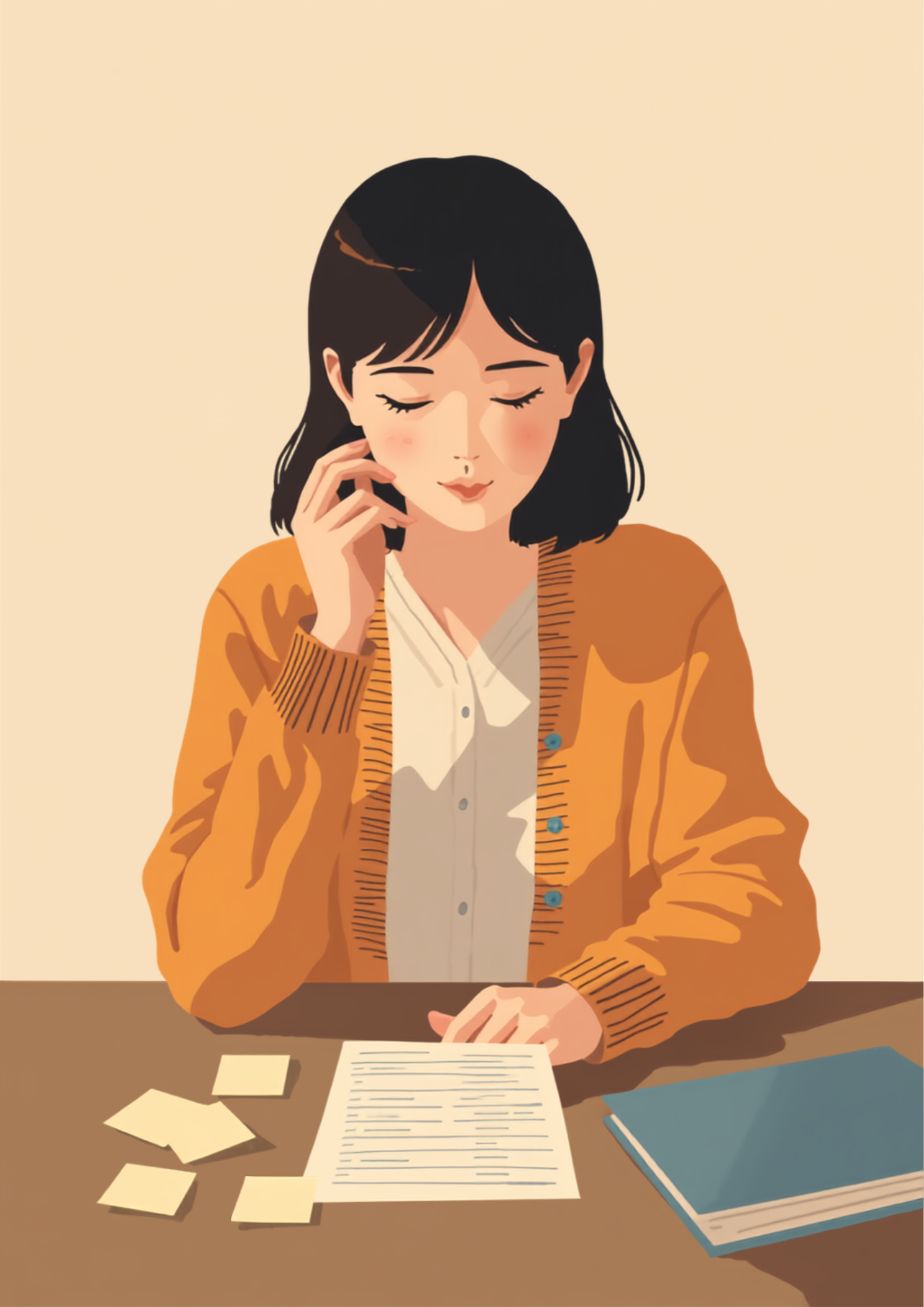 オフィスのデスクで、複数の付箋やメニューを前に手を止めたまま決められずにいる女性のイラスト