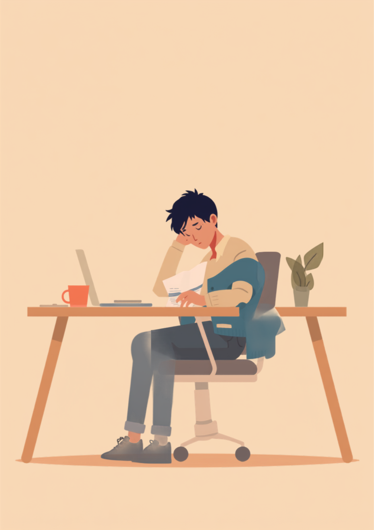 オフィスのデスクで一人、片手を胸に当てて動悸を落ち着かせようとしている人物のイラスト