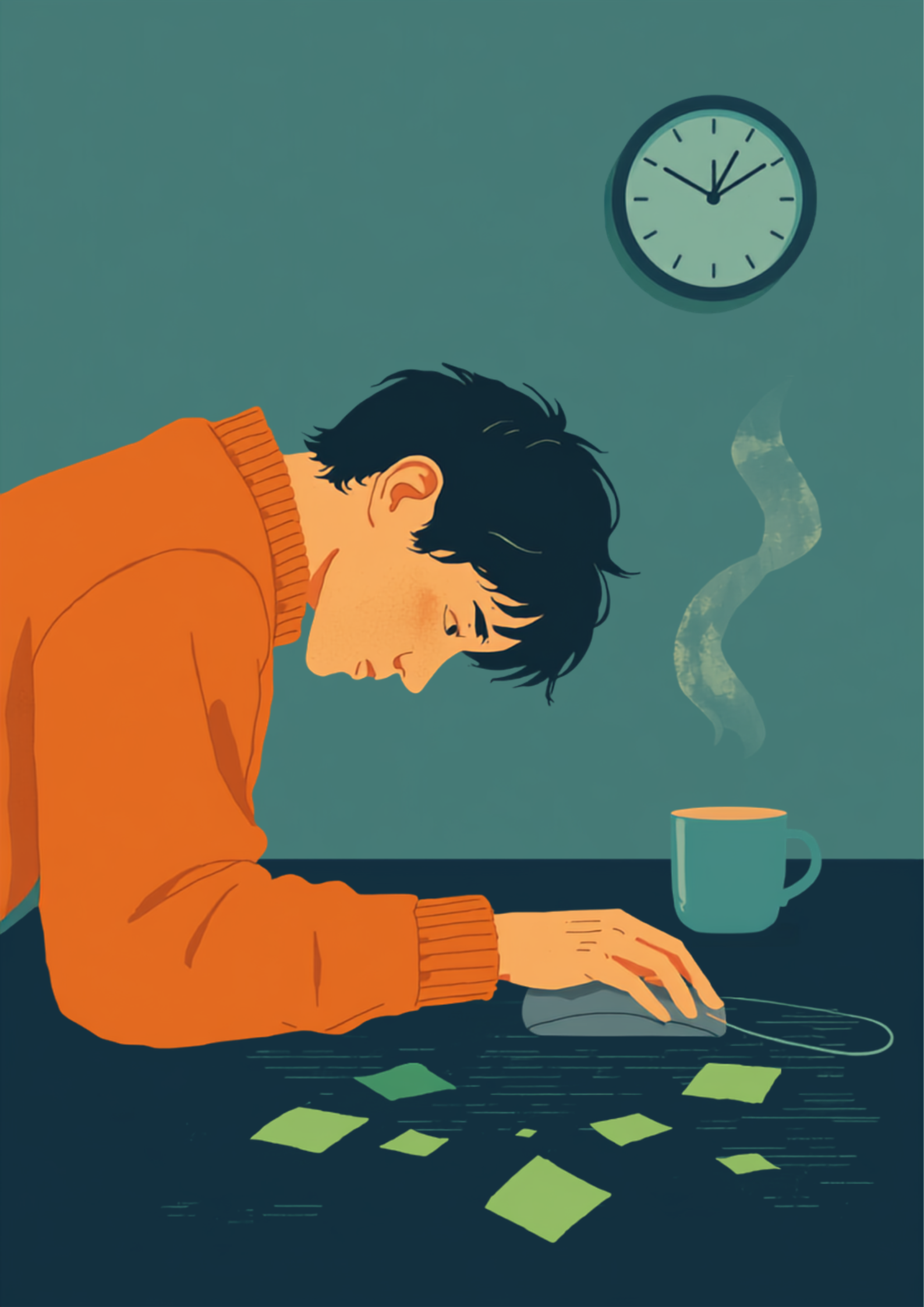 オフィスでパソコンのマウスに手を置き、緊張した表情で画面を見つめている人物のイラスト。机にはメモや飲み物が置かれている