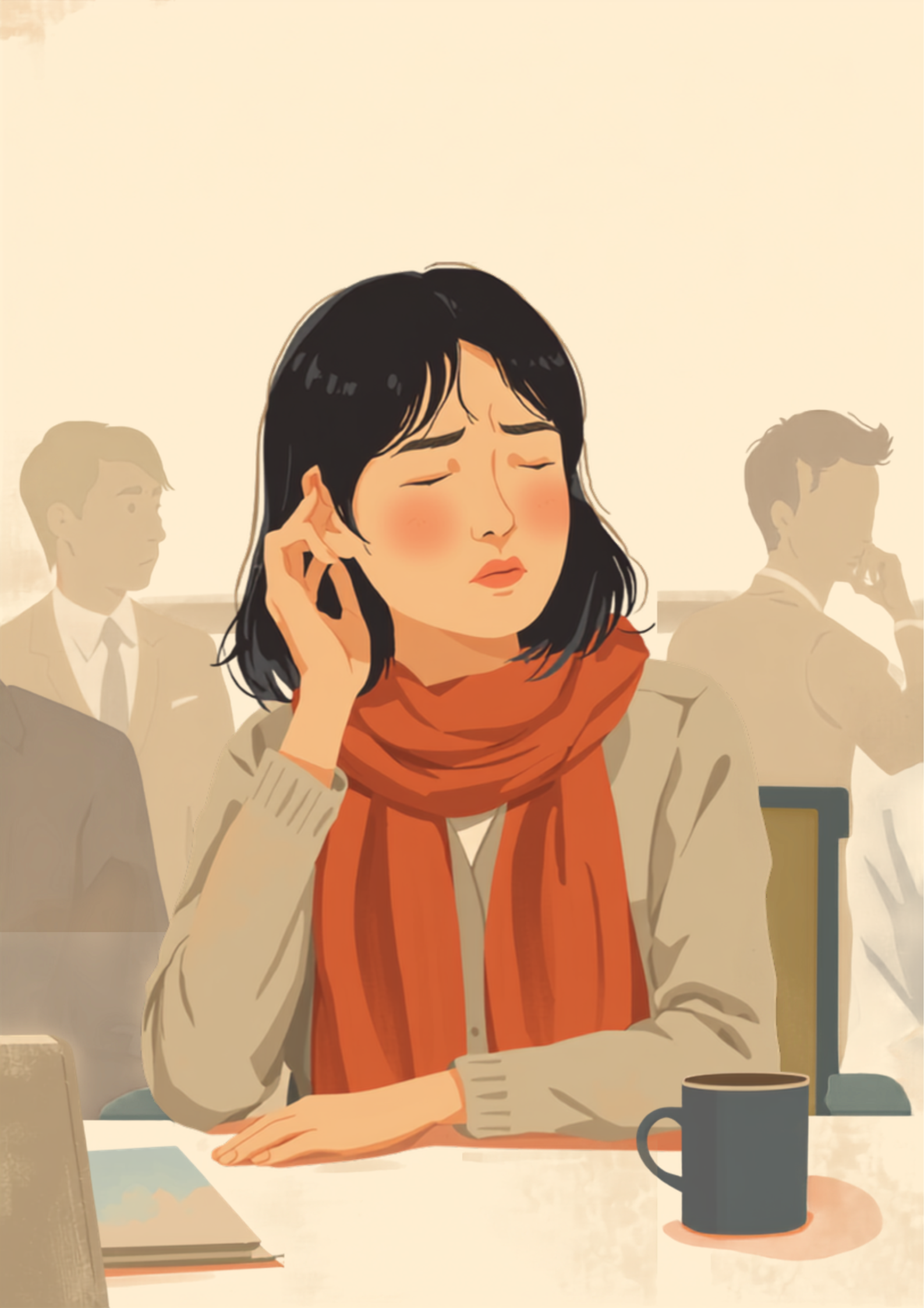 会議室でこめかみに指を添え、めまいの前触れを感じながら目を閉じている女性のイラスト