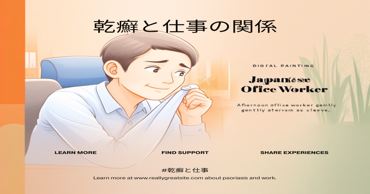 乾癬と仕事をテーマにしたアイキャッチ画像。オフィスで袖を軽く引き下げながら不安げな表情をする人物のイラスト