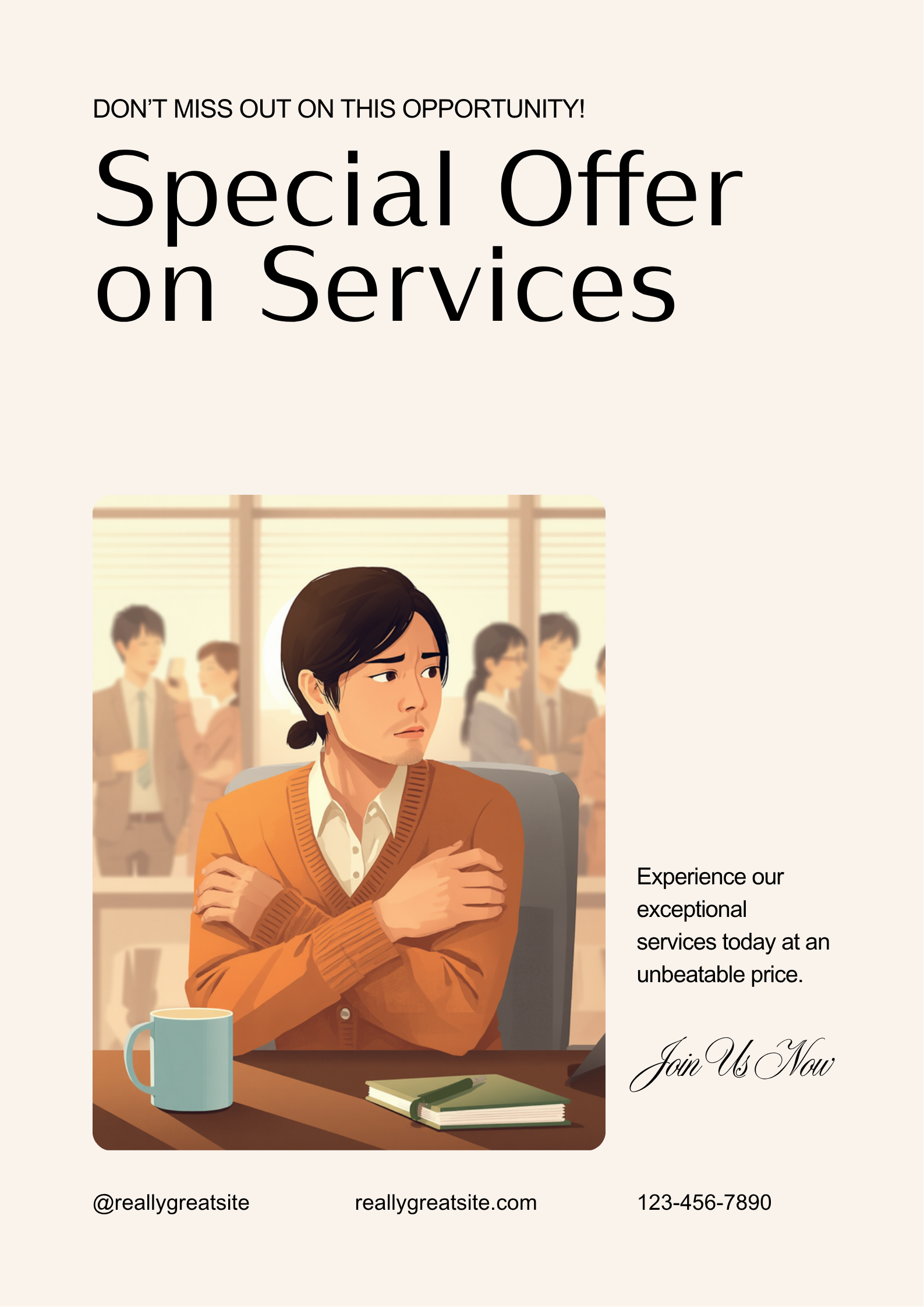 デスクで袖を軽く引き下げながら、少し不安げな表情で周囲を気にしている人物のイラスト