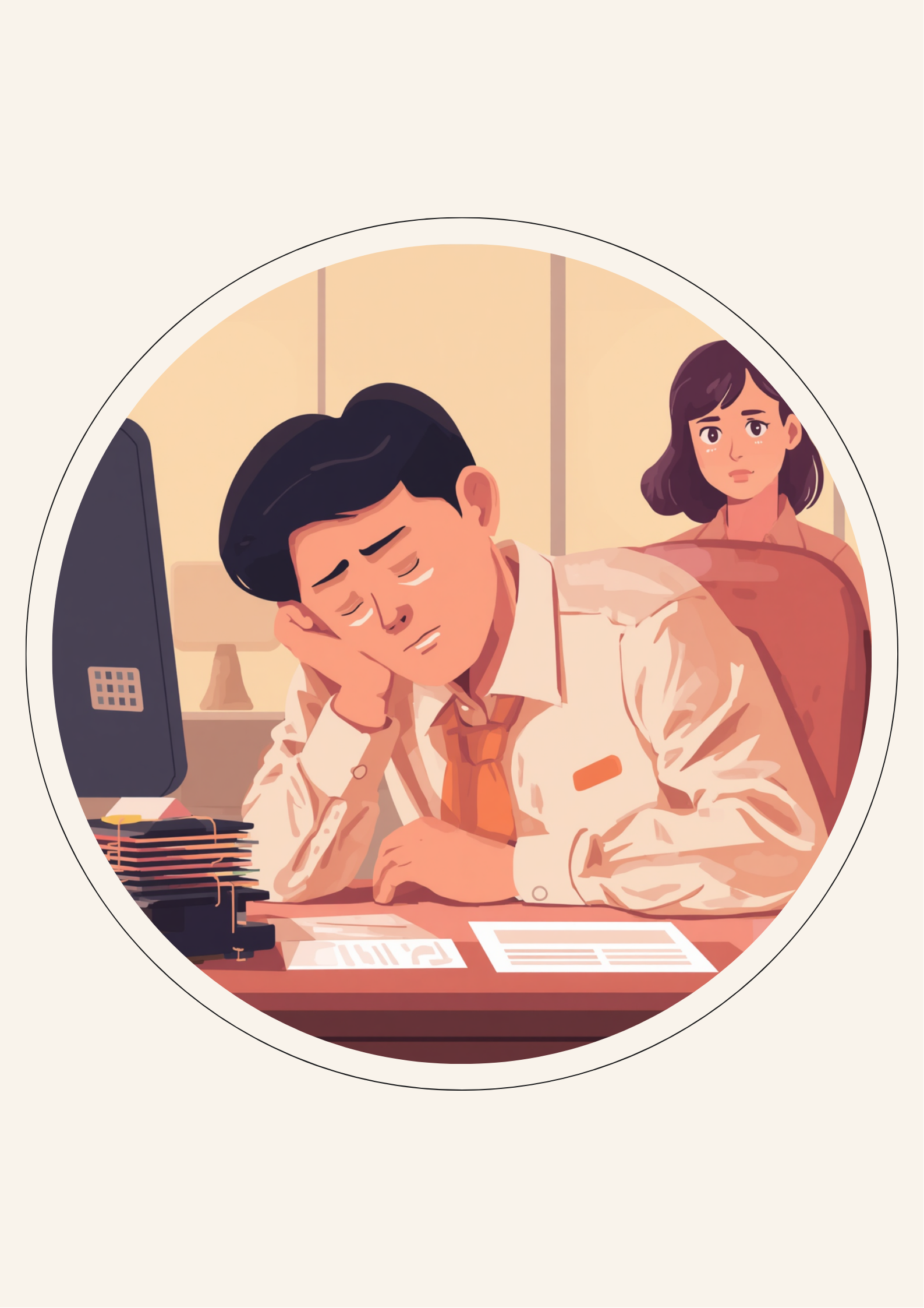 デスクで疲れた表情のまま動けなくなっている人物と、後ろから心配そうにその様子をうかがう同僚のイラスト