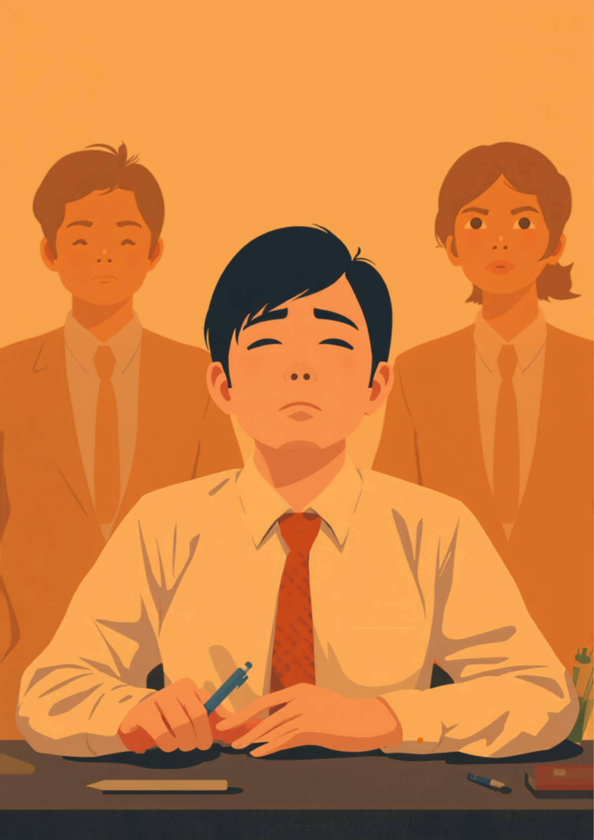 会議中にうとうとと意識が飛んでしまい、周りの同僚が少し戸惑った表情でこちらを見ている様子のイラスト