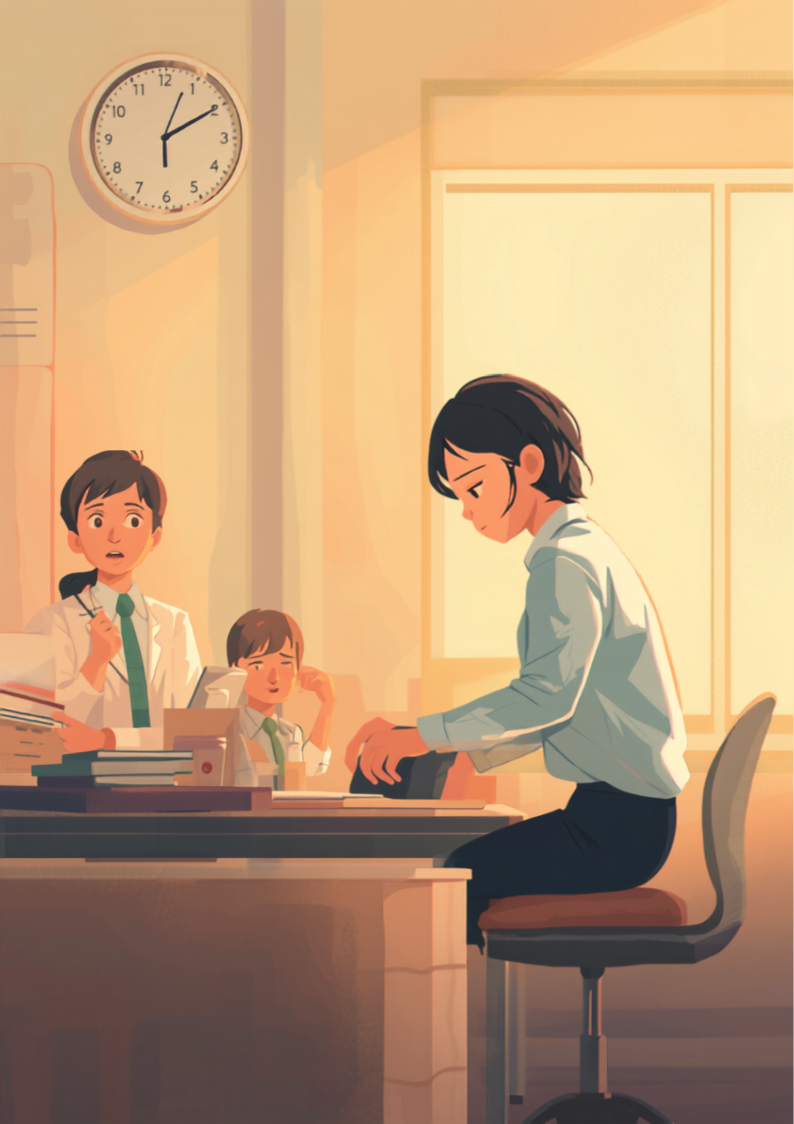 夕方のオフィスで、時計を気にしながら静かにバッグをまとめている人物のイラスト。背景では同僚が不思議そうな表情でその様子を見ている