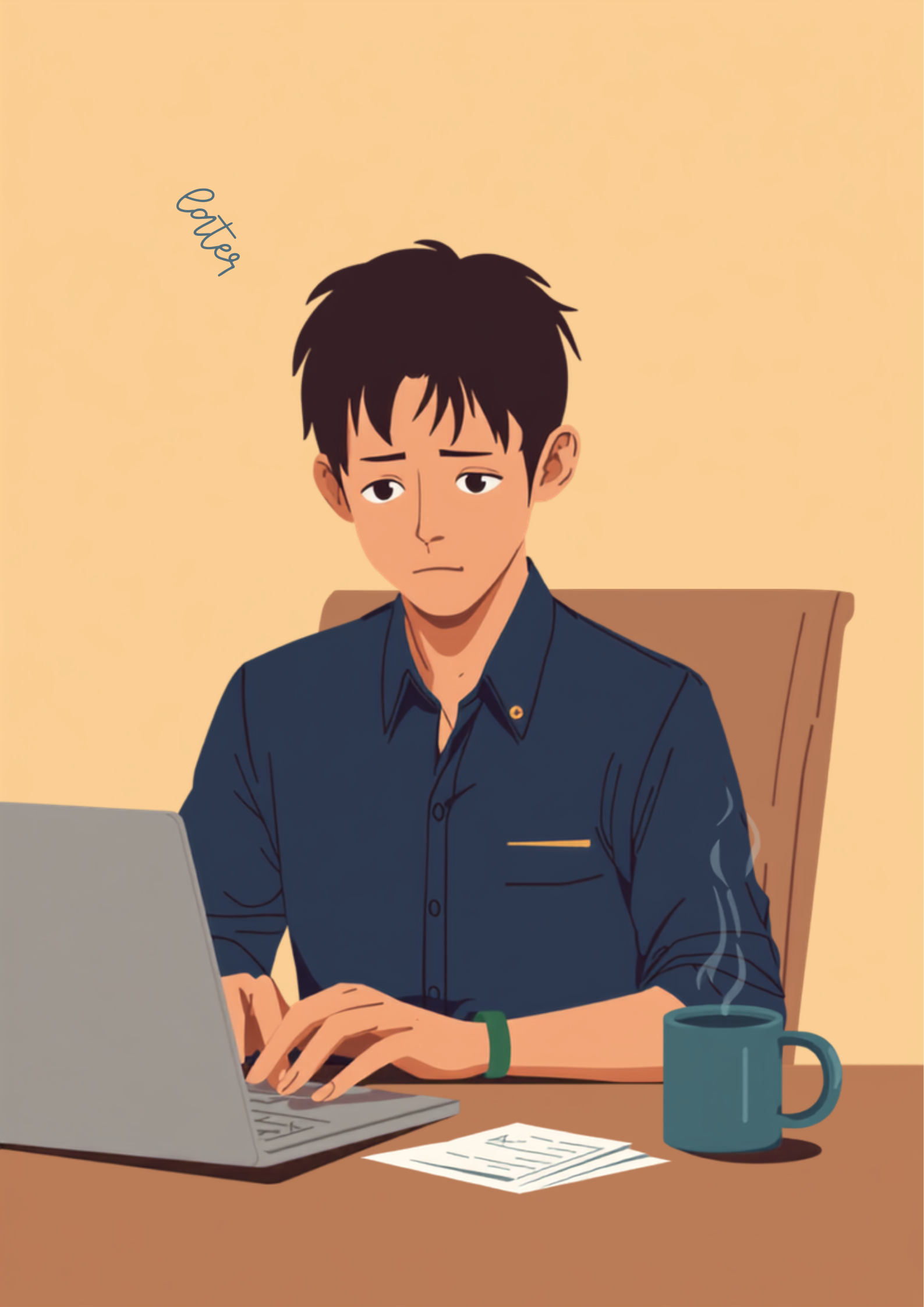 夕方のオフィスで、ノートパソコンと資料に向き合いながら疲れた表情を浮かべる人物のイラスト。手元には湯気の立つマグカップが置かれ、頭の上に文字が乱れて見えることを示す波打つ線が描かれている