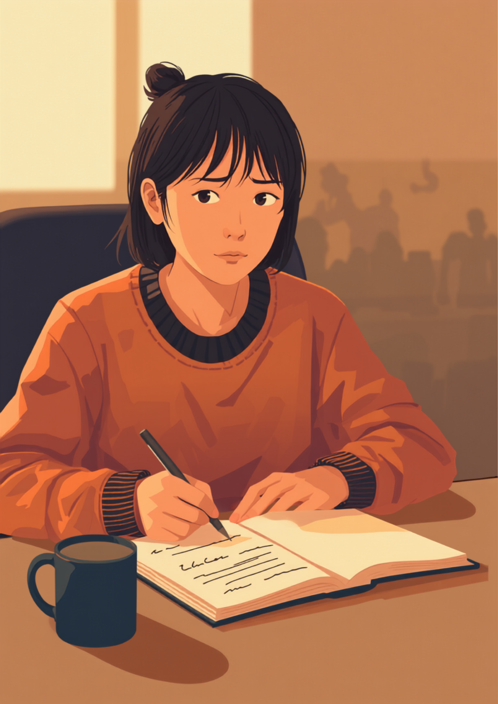 会議室でノートにペンを走らせながら、うまく書き取れず不安げな表情を浮かべる若い会社員の女性のイラスト。ノートの文字は乱れて読みにくい