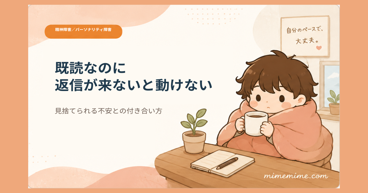 毛布にくるまりマグカップを持つまめざるのイラストと共に「既読なのに返信が来ないと動けない」という見出しを示したアイキャッチ画像。左上には「精神障害／パーソナリティ障害」のオレンジ色のカテゴリータグが添えられている