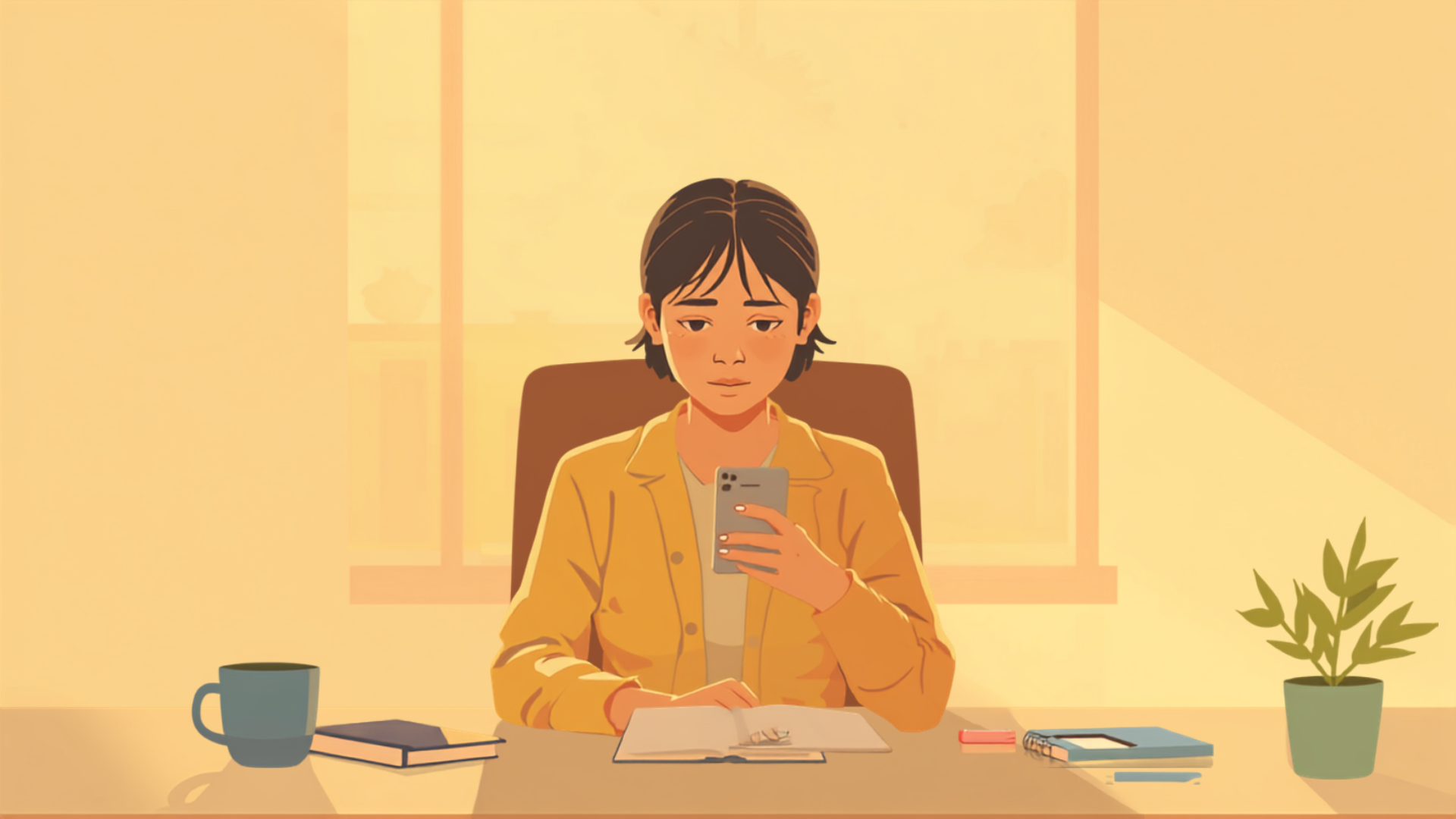 オフィスの机で、既読になったのに返信が来ないスマートフォンの画面を心配そうに見つめる人物のイラスト。机にはノートや水色の本、青いマグカップ、観葉植物が置かれている