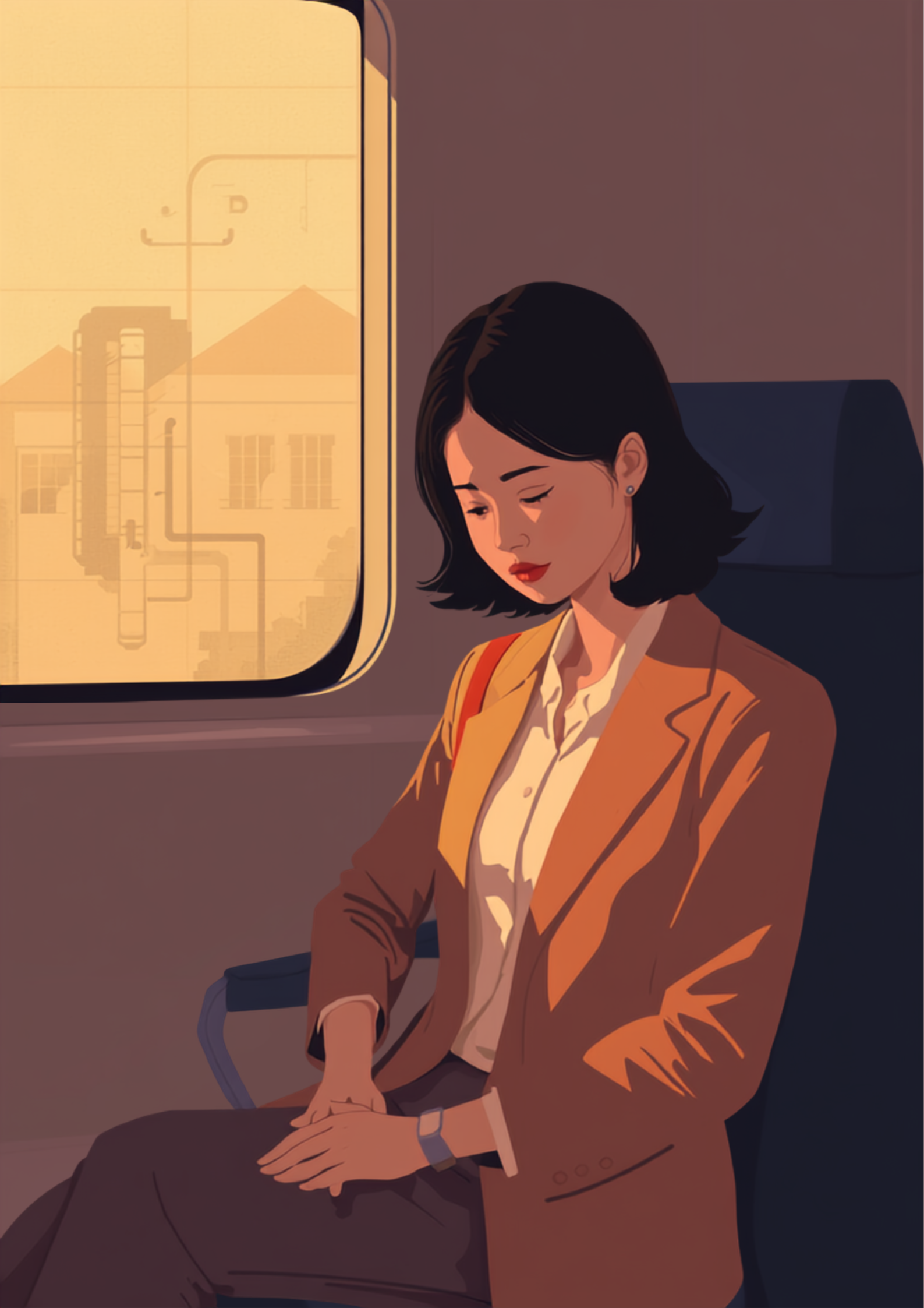 夕方の電車の座席に一人で座り、俯いて今日の会話を振り返っている女性のイラスト。窓の外には夕焼けに染まる街並みが広がっている
