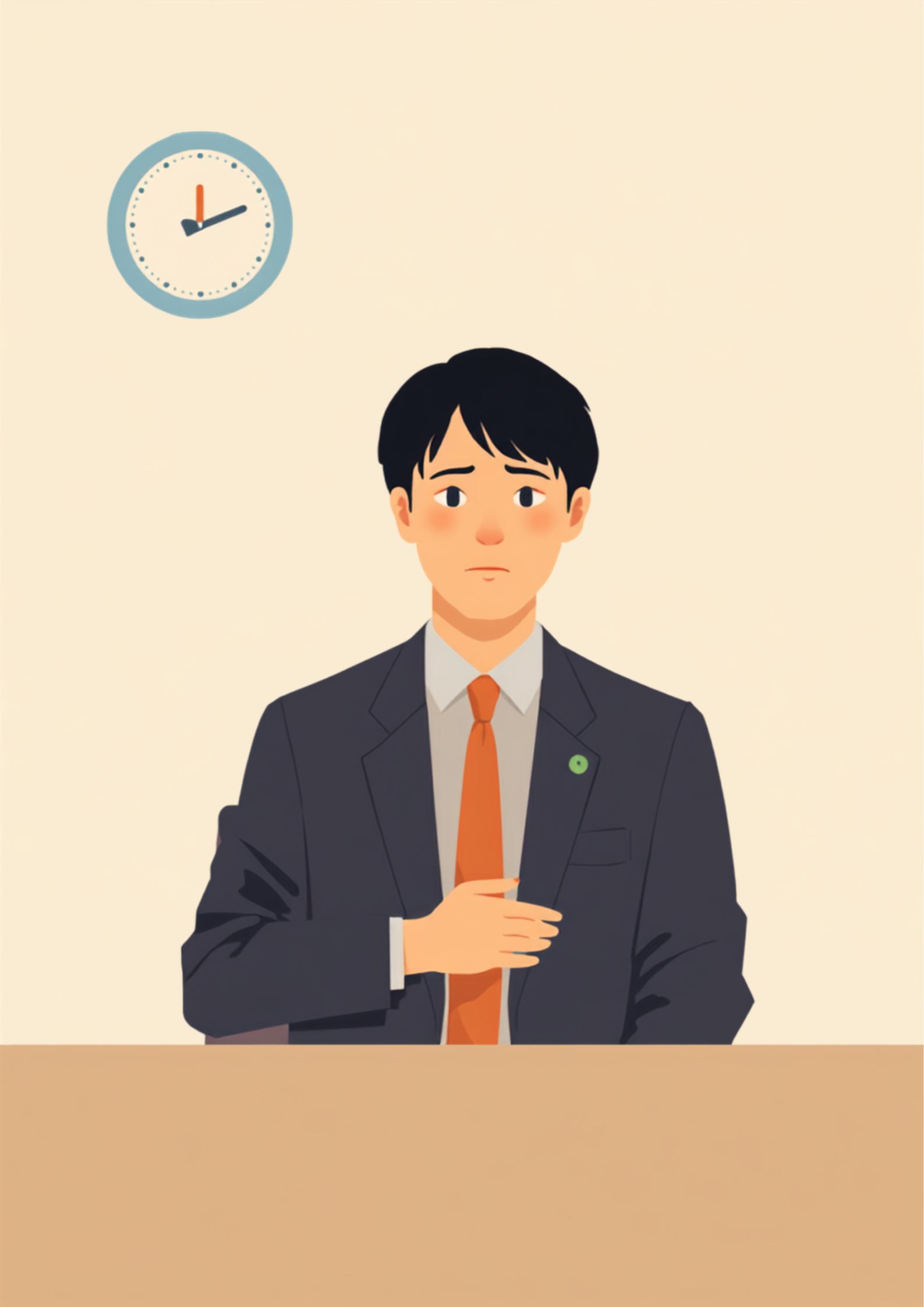 会議室の机に手をつき、壁の時計を心配そうに見ながらお腹のあたりにそっと手を添えるスーツ姿の男性のイラスト