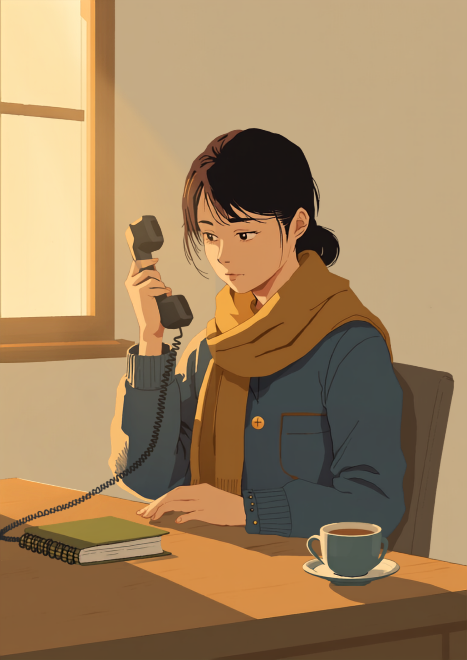 夕方の事務所で、切ったばかりの電話を見つめながら静かに考え込んでいる支援員の後ろ姿のイラスト。机の上にはノートとペン、湯気の立つマグカップが置かれている