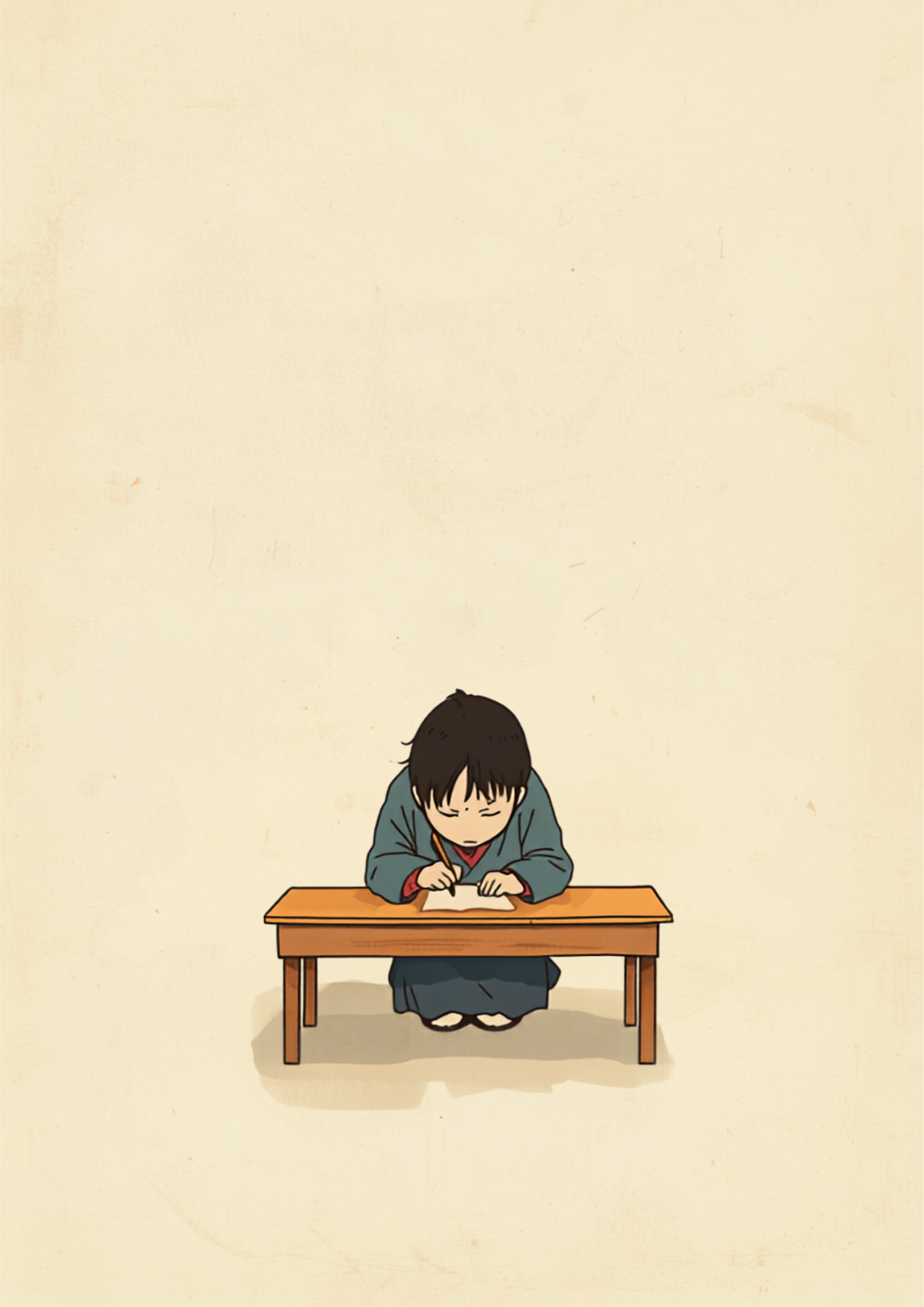 低い机に向かい、手書きの文字がうまく書けず困っている日本昔話風の人物のイラスト