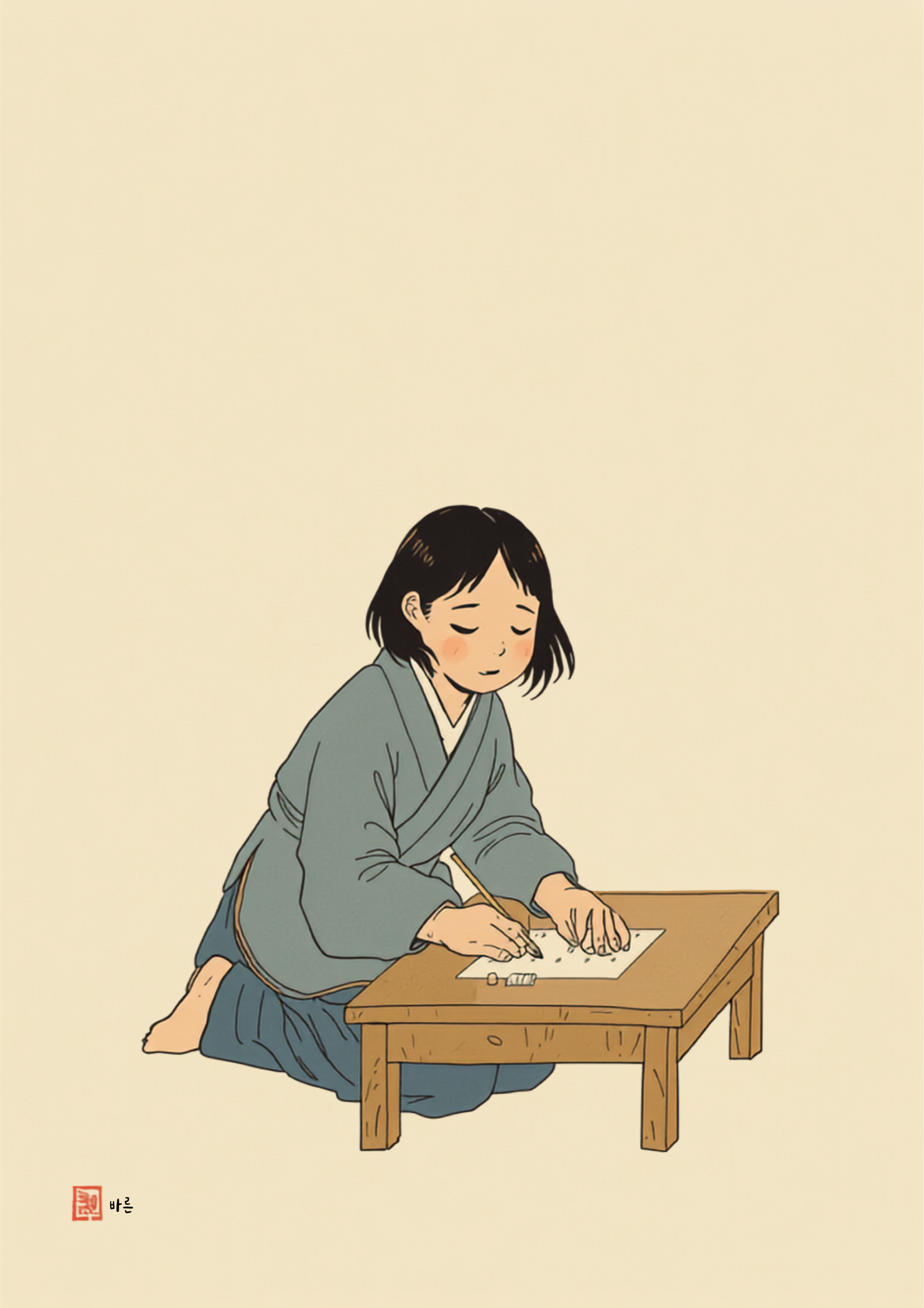 罫線のある紙を使って、少し安心した表情で書いている日本昔話風の人物のイラスト