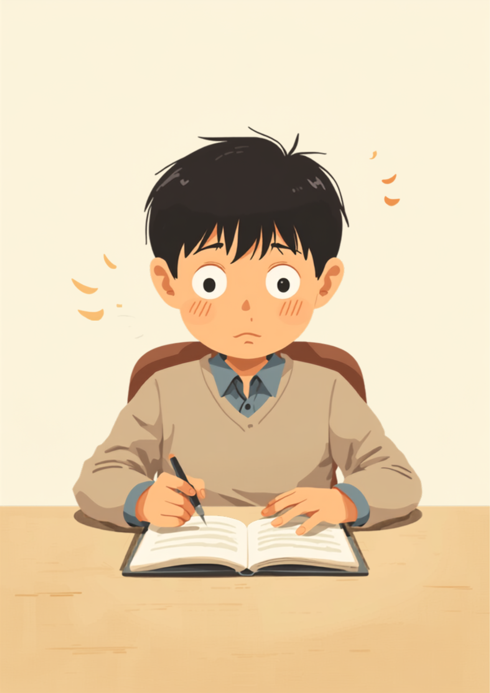 デスクで開いた手帳の前で固まり、目を見開いて呆然としている人物のイラスト
