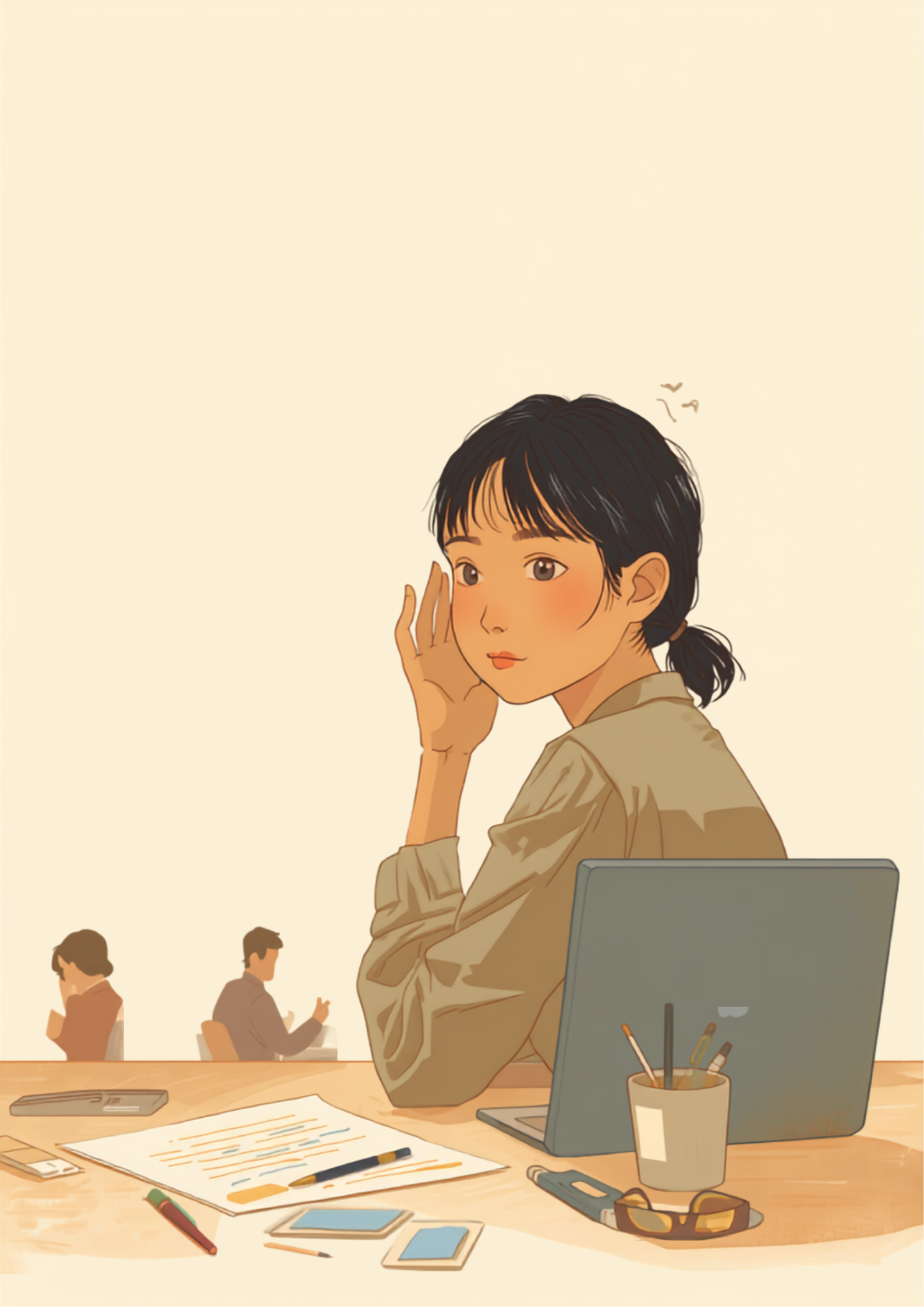 手を耳の近くに添えて、会話を懸命に聞き取ろうとする人物のイラスト。背景では同僚二人が談笑しており、会話の一部がうまく届いていないもどかしさを表している