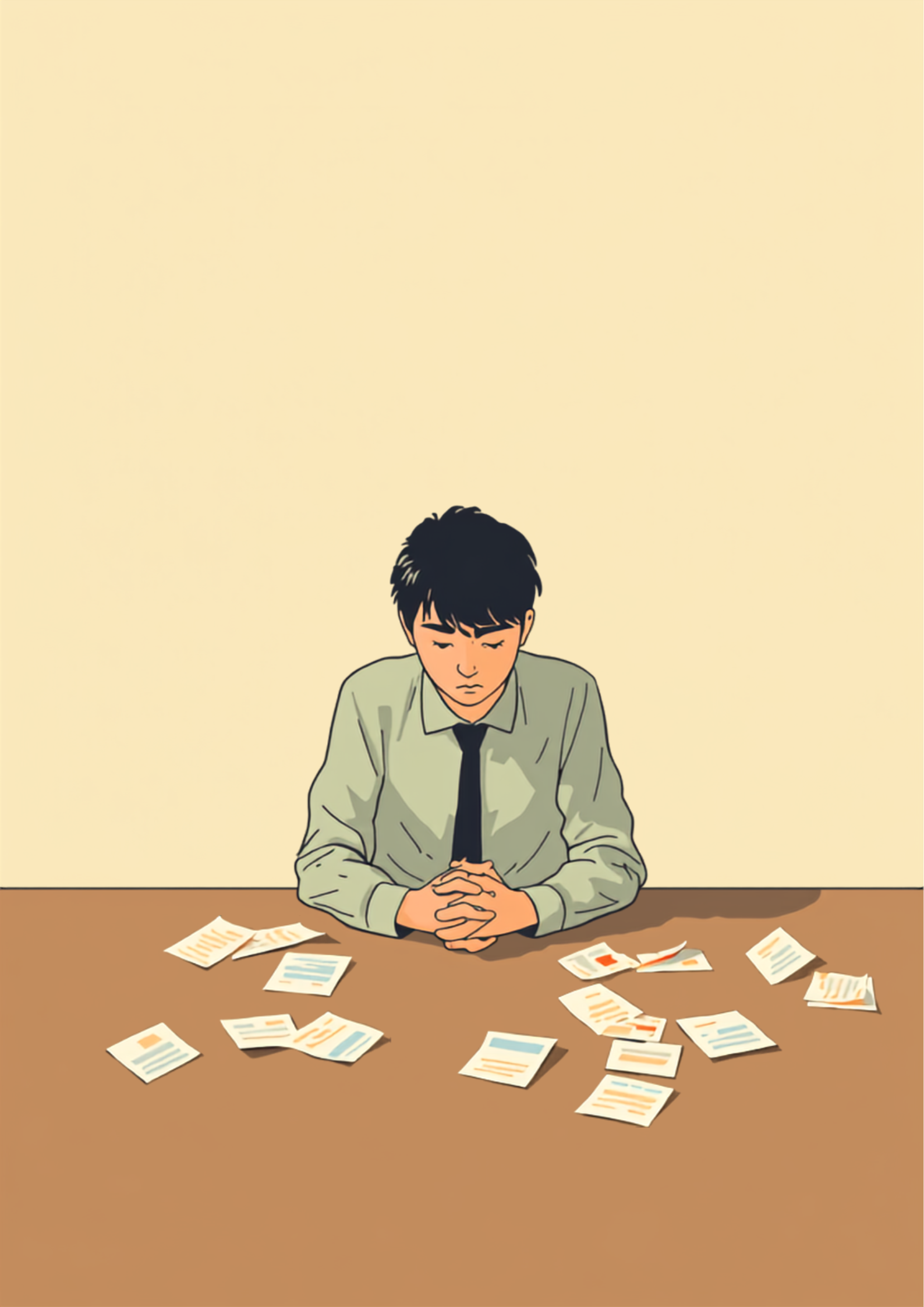 夕方のミーティングルームで、テーブルに散らばった書類を前に手を組み、静かにうつむいている人物のイラスト