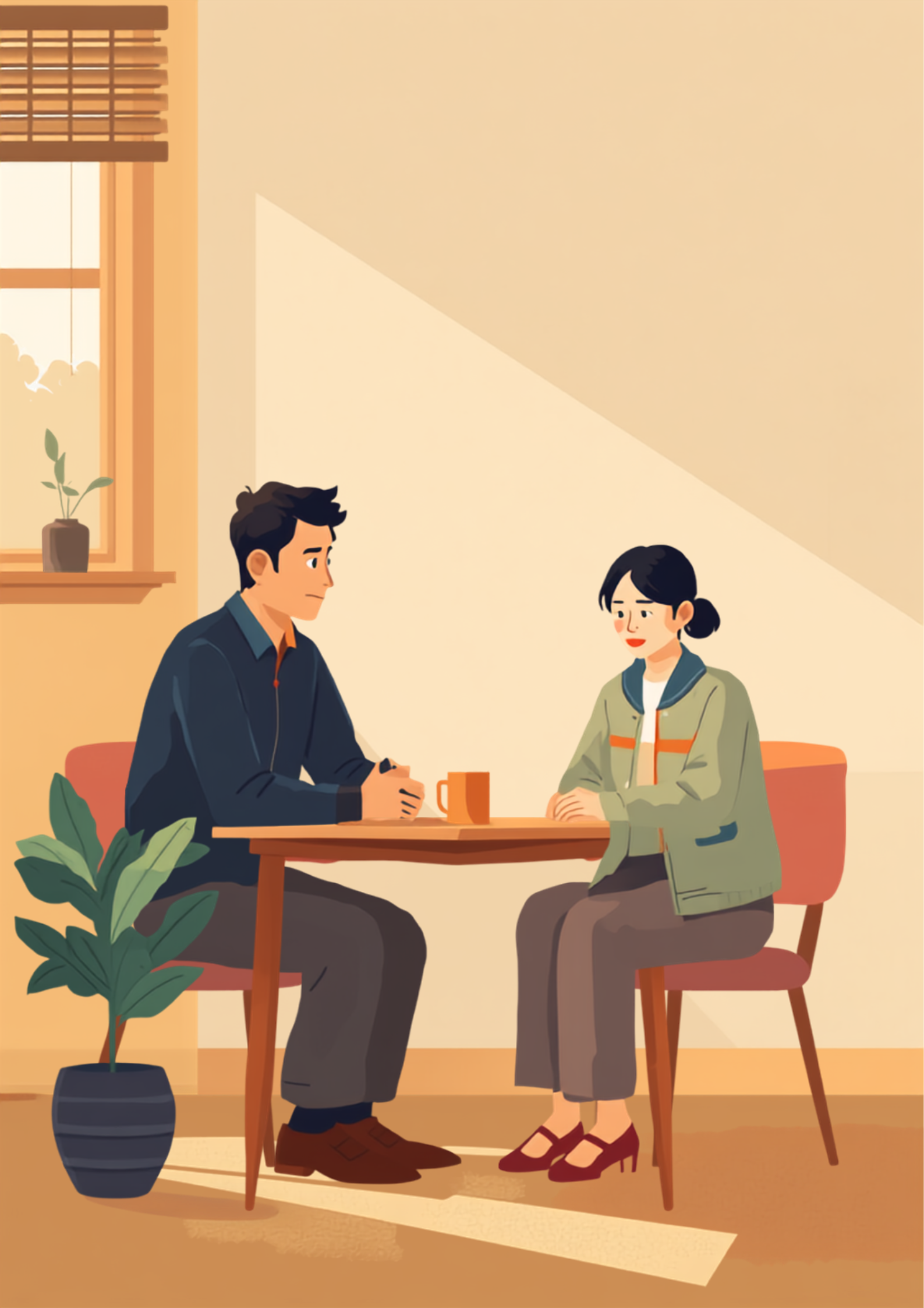 小さなテーブルを挟んで向き合う支援員と相談者のイラスト。相談者は少し疲れた表情で目を伏せ気味に話しており、支援員は前のめりになって静かに耳を傾けている