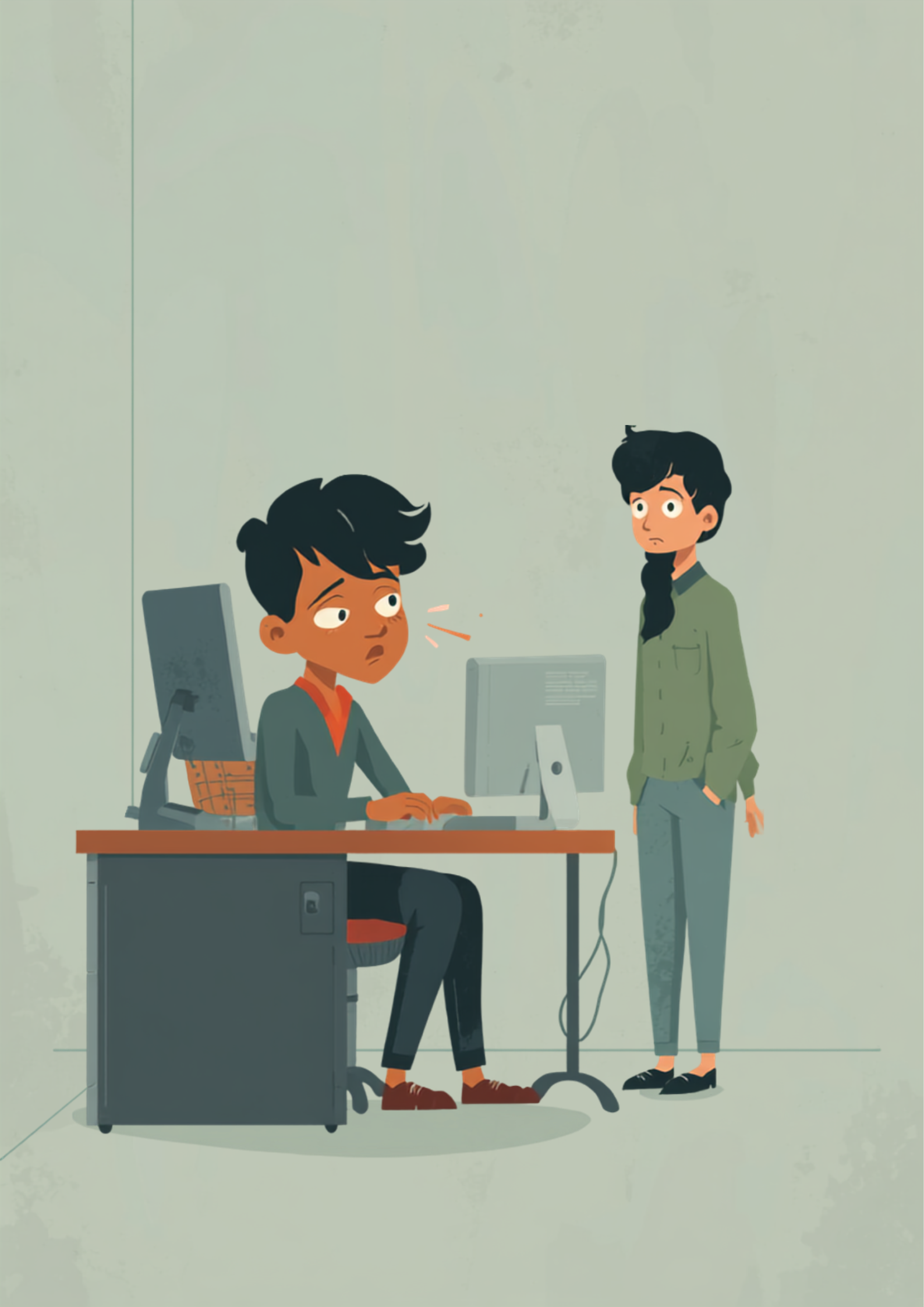 オフィスのデスクで軽い指摘を受け、目に涙をにじませながら固まっている人物のイラスト。少し離れた場所に立つ同僚が、驚いたような困ったような表情でその様子を見ている