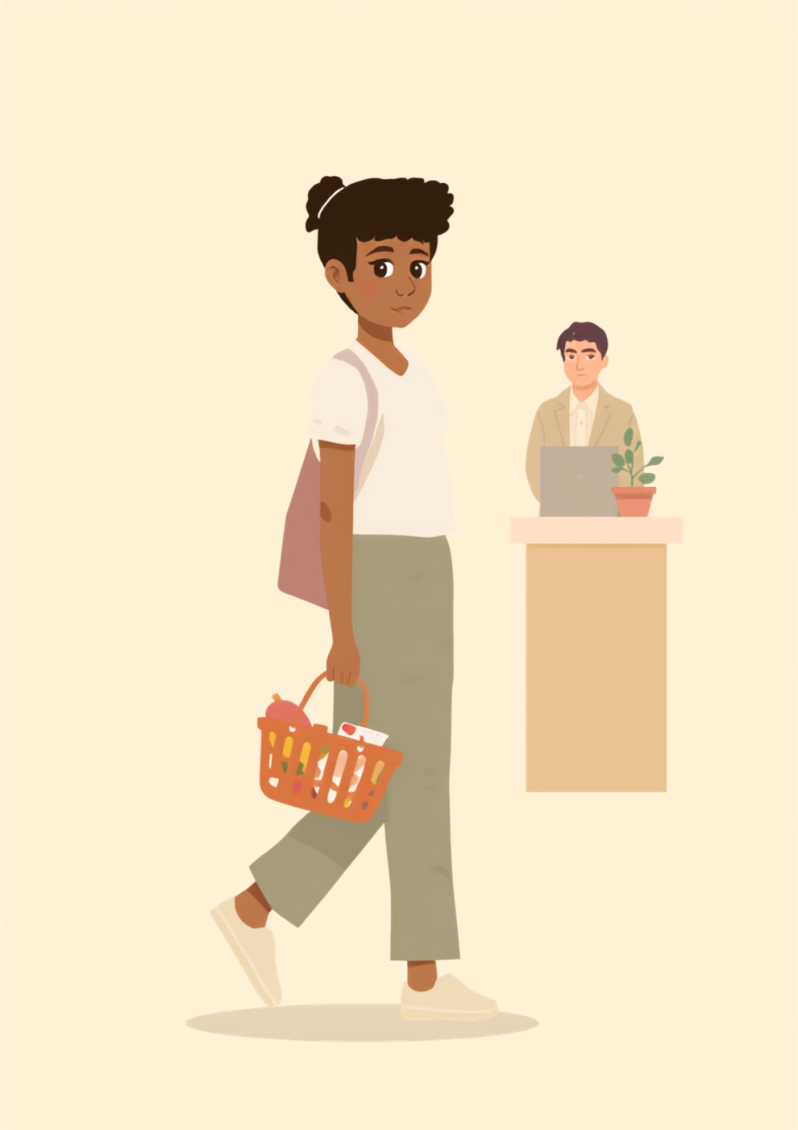 スーパーの通路を買い物かごを持って歩きながら、後ろを気にして振り返る女性のイラスト。少し離れたレジカウンターにはノートパソコンを前にした男性が立っている