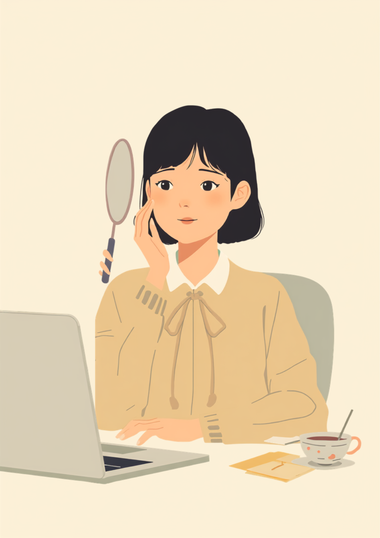 デスクで小さな手鏡を持ち、自分の顔を見ながら片方の頬にそっと触れて表情を確かめている人物のイラスト