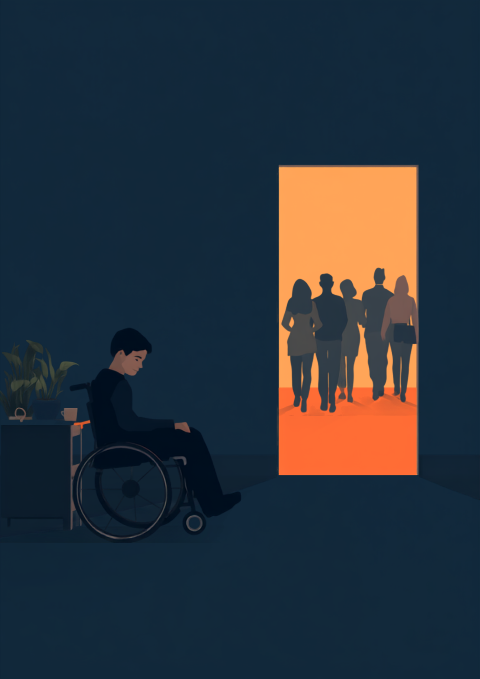 オフィスの一室で、車椅子に座ったまま一人うつむいている人物のイラスト。背景の開いたドアの向こうには、避難する同僚たちの列が振り返らずに進んでいく様子が描かれている