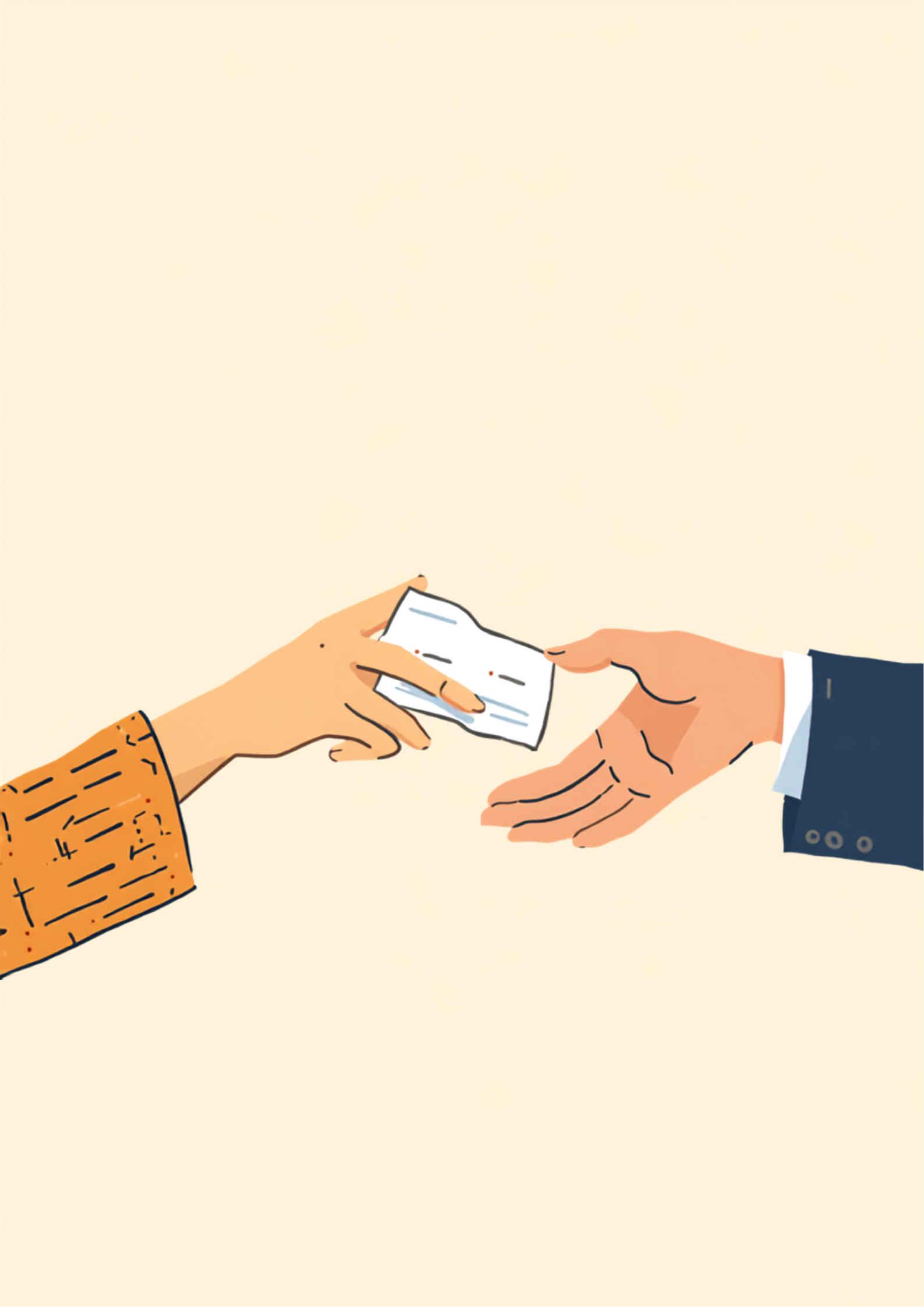 名刺を差し出す手と受け取る手が、オフィスの中で向かい合っているイラスト。差し出す側の袖はオレンジ色の柄物、受け取る側はネイビーのスーツの袖で、二つの手の間に一枚の名刺がある