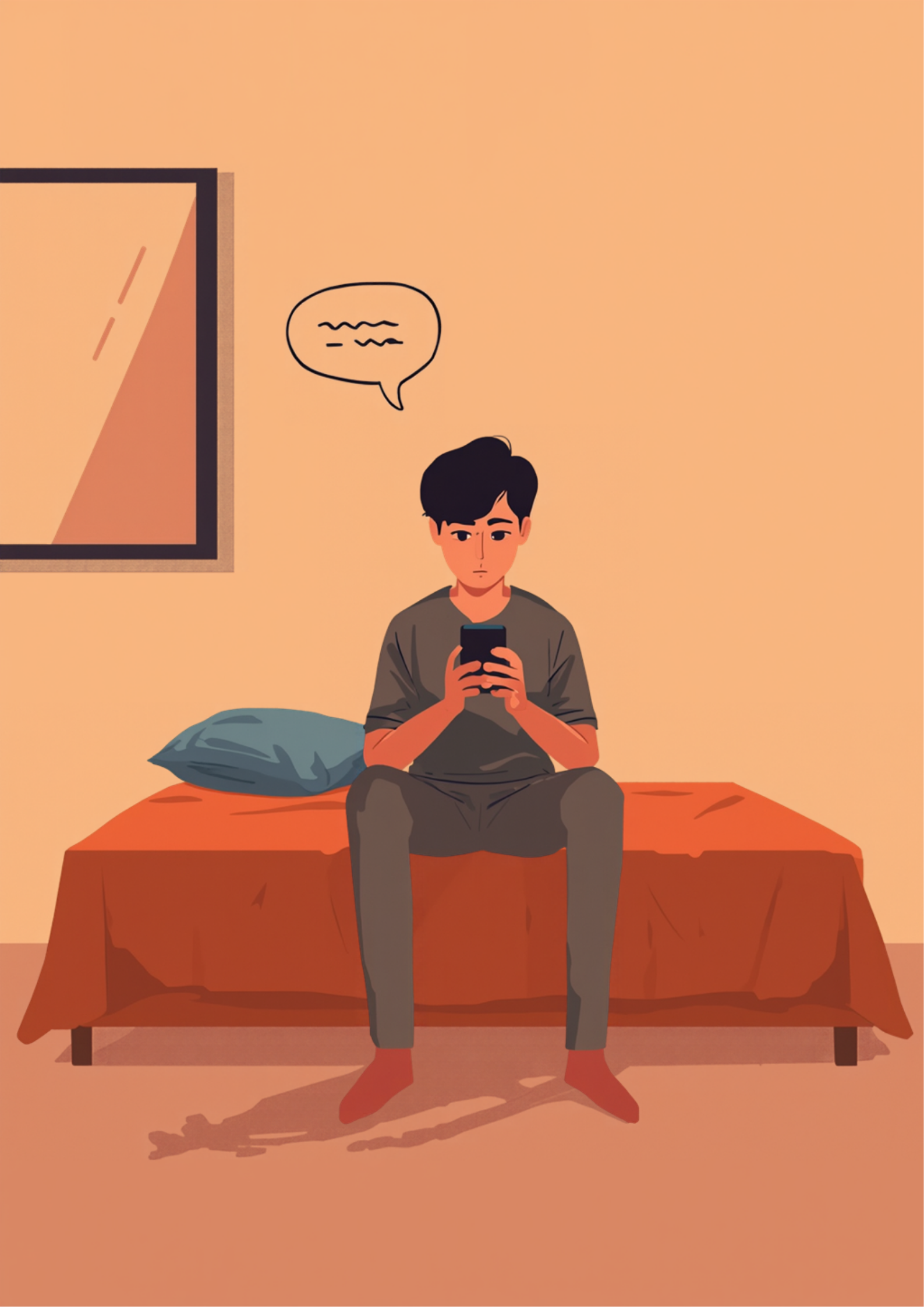 夕方、ベッドの端に座り両手でスマートフォンを持ち、画面を見つめたまま動けなくなっている人物のイラスト。まだ送っていない返信が頭の中に浮かんでいる様子が吹き出しで示されている