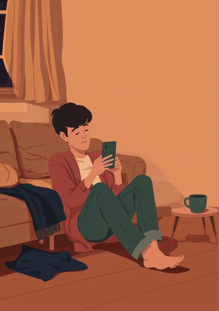 窓辺のテーブルで、スマートフォンの通知画面を見つめたまま固まっている人物のイラスト。手元には飲みかけのマグカップがある