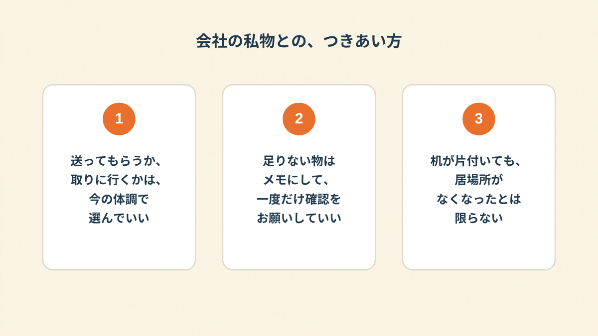 休職中の私物とのつきあい方を3枚のカードで横に並べたまとめ図。1枚目は送ってもらうか取りに行くかは今の体調で選んでいい、2枚目は足りない物はメモにして一度だけ確認をお願いしていい、3枚目は机が片付いても居場所がなくなったとは限らない、と書かれている
