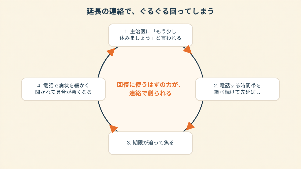 休職延長の連絡をめぐってぐるぐる回ってしまう様子を示した循環図。1.主治医にもう少し休みましょうと言われる、2.電話をかける時間帯を調べ続けて先延ばしする、3.期限が迫って焦る、4.電話で病状を細かく聞かれて具合が悪くなる、の4つが円の上に矢印でつながり、4から再び1に戻る。円の中央には、回復に使うはずの力が連絡で削られる、と書かれている