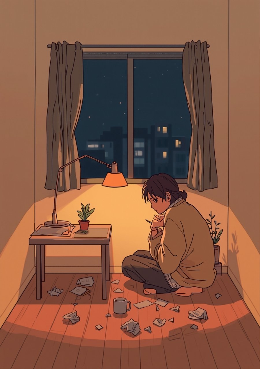 夜の部屋で、低いテーブルの前に座った人がデスクライトの明かりの下でメモ帳にペンを当てたまま手を止めているイラスト。横には丸めたメモが何枚か転がり、スマートフォンは伏せて置かれている