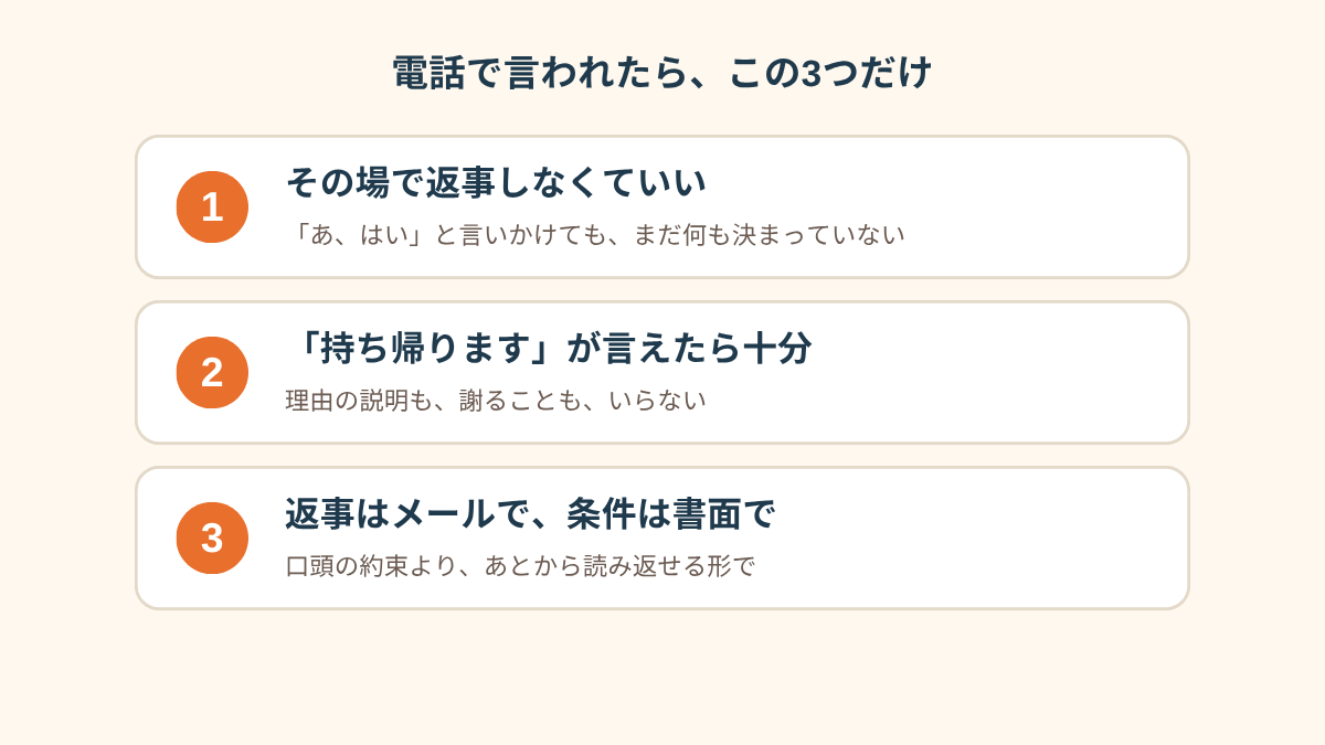 「電話で言われたら、この3つだけ」と題したチェックリスト型のまとめ図。1つ目は「その場で返事しなくていい」、2つ目は「持ち帰りますと言えたら十分」、3つ目は「返事はメールで、書面で条件を聞く」という3つの項目が、チェックマーク付きのカードで縦に並んでいる