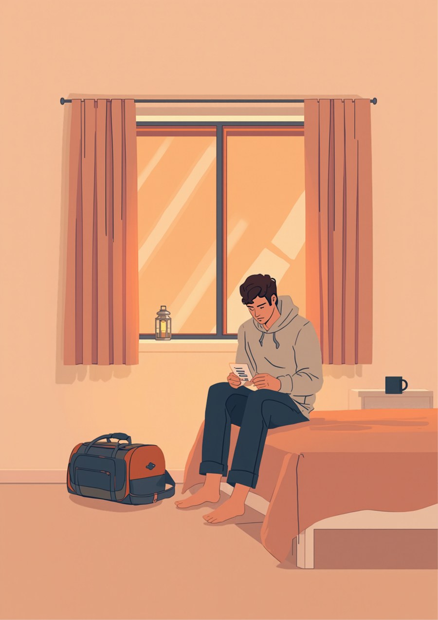 夕方のオレンジ色の光が差す一人暮らしの部屋で、灰色のパーカーを着た男性がベッドの端に座り、手にした小さな診察券のようなカードを見つめているイラスト。足元には口が少し開いた旅行用のボストンバッグが置かれ、窓辺にはランタンのような小さな明かりがある