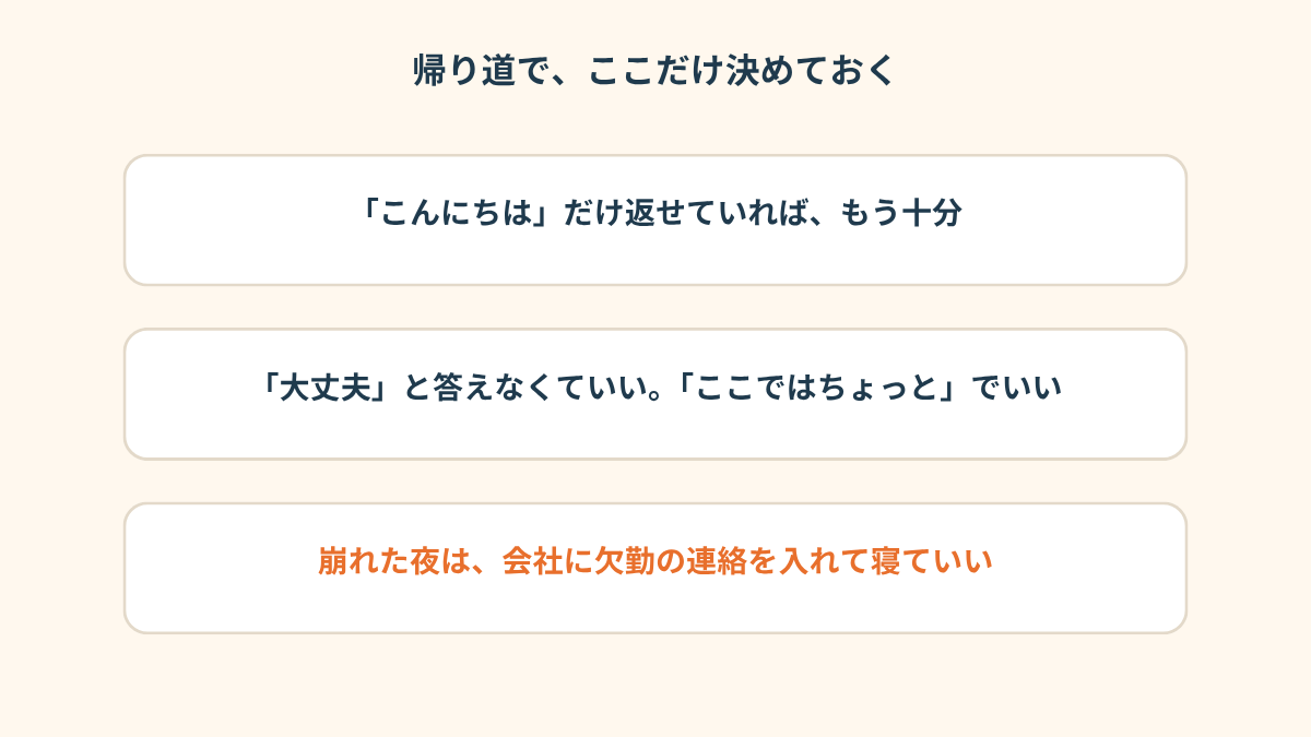 「帰り道で、ここだけ決めておく」と題したまとめ図。白いカードが3枚縦に並び、「「こんにちは」だけ返せていれば、もう十分」「「大丈夫」と答えなくていい。「ここではちょっと」でいい」「崩れた夜は、会社に欠勤の連絡を入れて寝ていい」と書かれている
