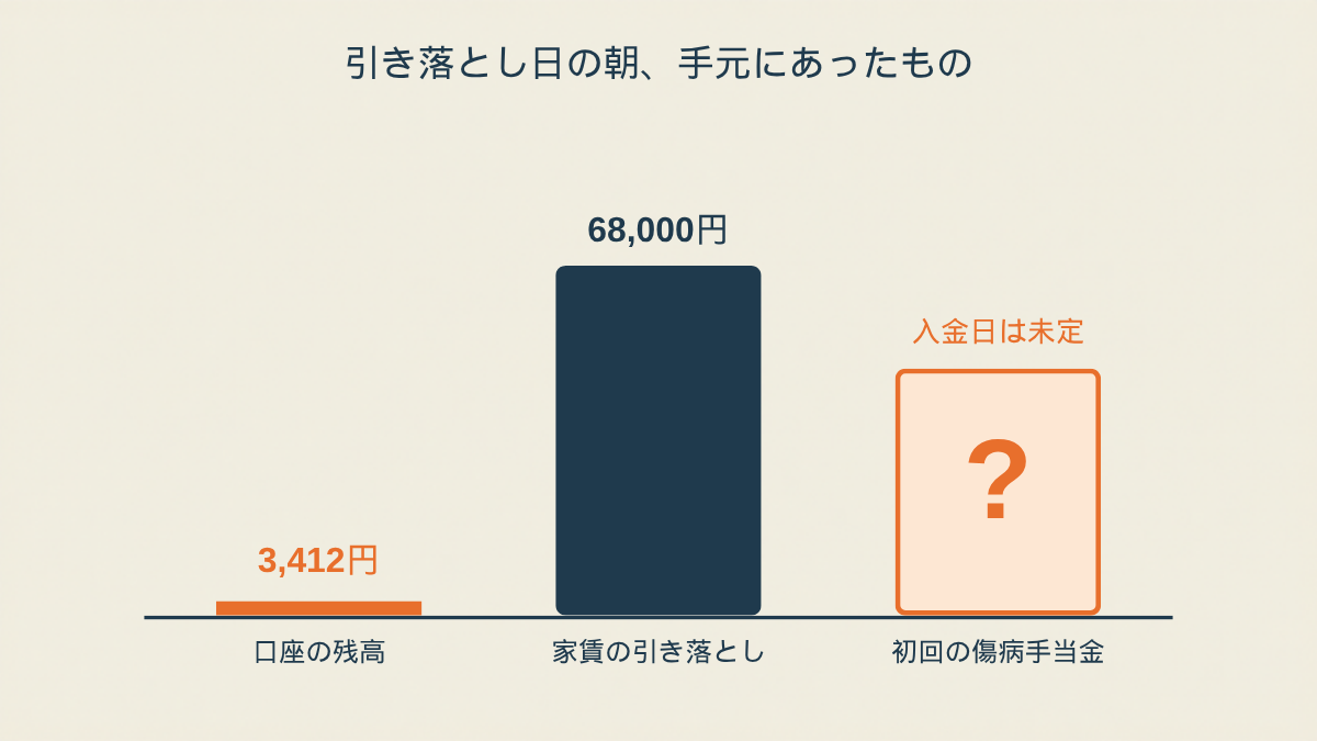 引き落とし日の朝、手元にあったものを比べた縦棒グラフ。口座の残高3,412円のオレンジの棒はとても短く、家賃の引き落とし68,000円の紺色の棒は高くそびえている。右端の初回の傷病手当金は、入金日は未定と書かれた点線枠の中に大きな「?」だけが入っている